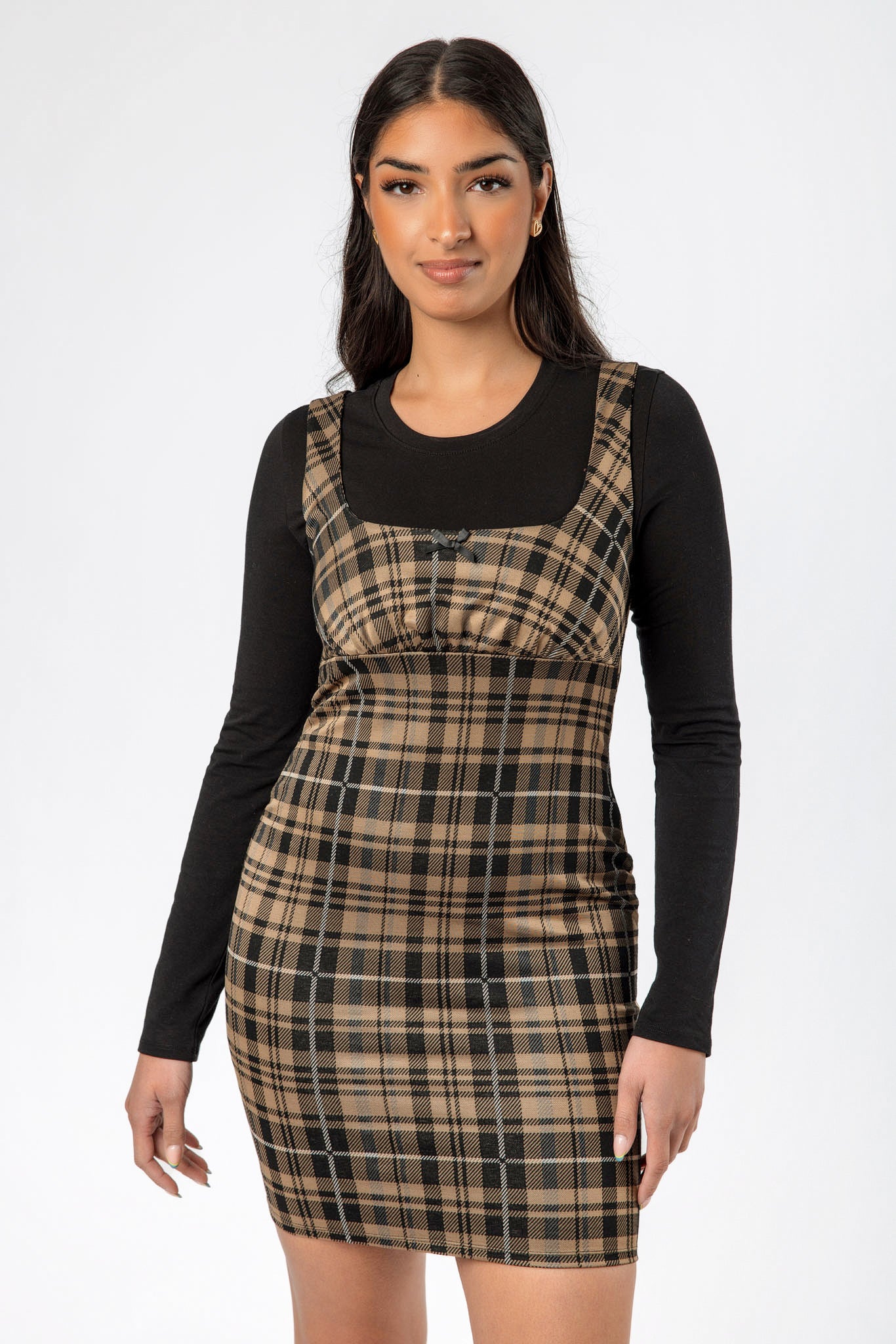 Plaid Square-Neck Bodycon Dress with Bow Detail