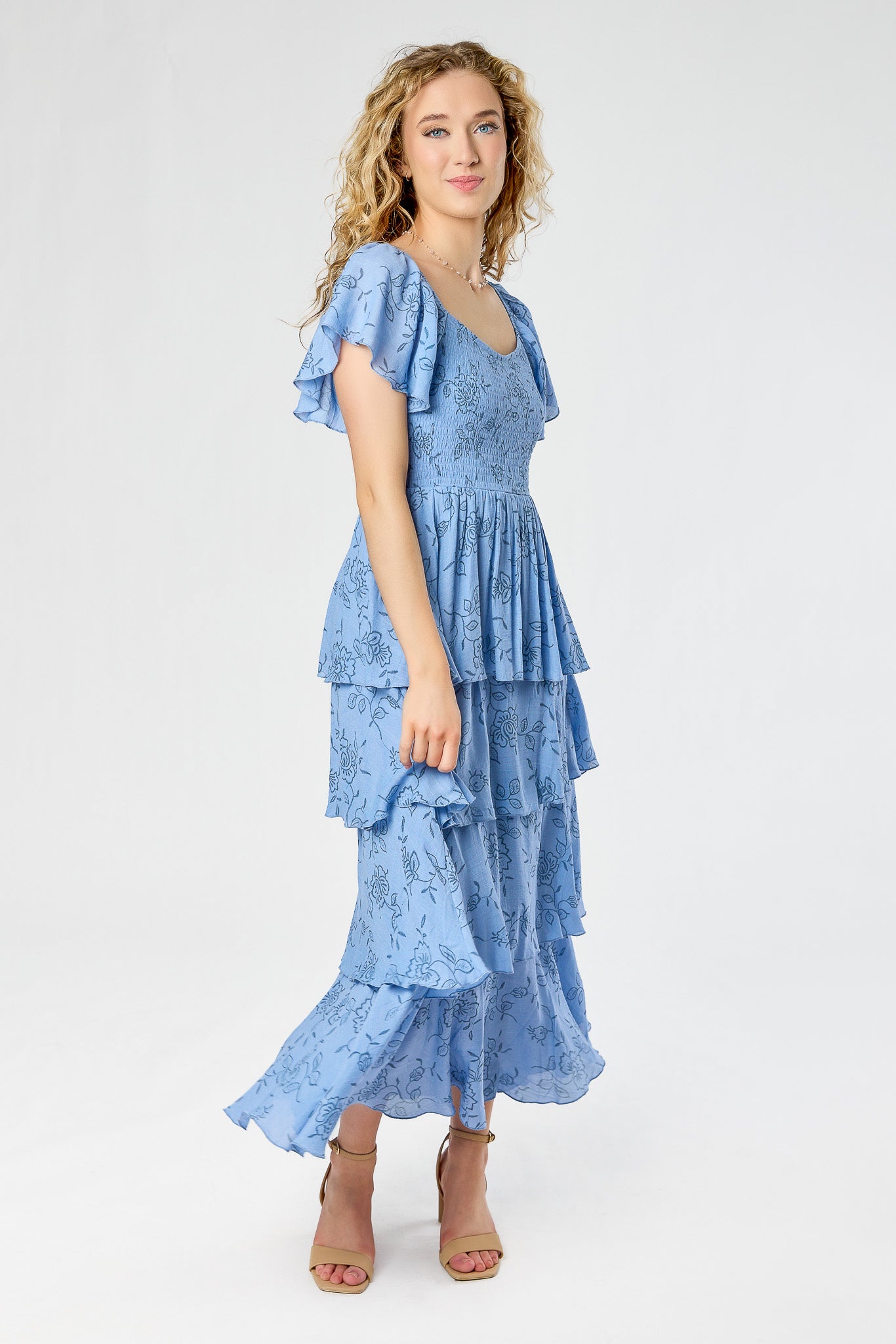 Floral Smocked Square-Neck Flutter-Sleeve Maxi Dress with Layered Tier –  Eclipse