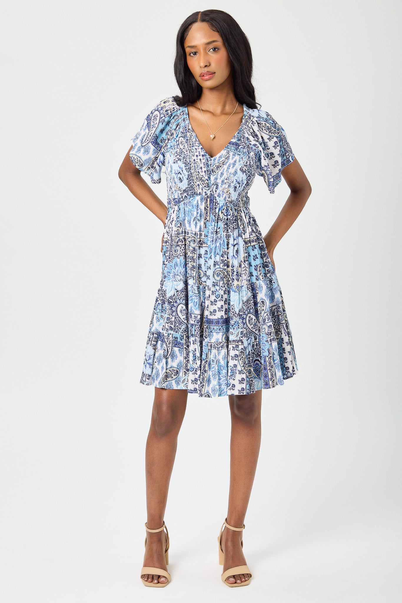 Patchwork Print Bell-Sleeve Smocked Babydoll Dress Eclipse Patchwork Print Bell-Sleeve Smocked Babydoll Dress Eclipse