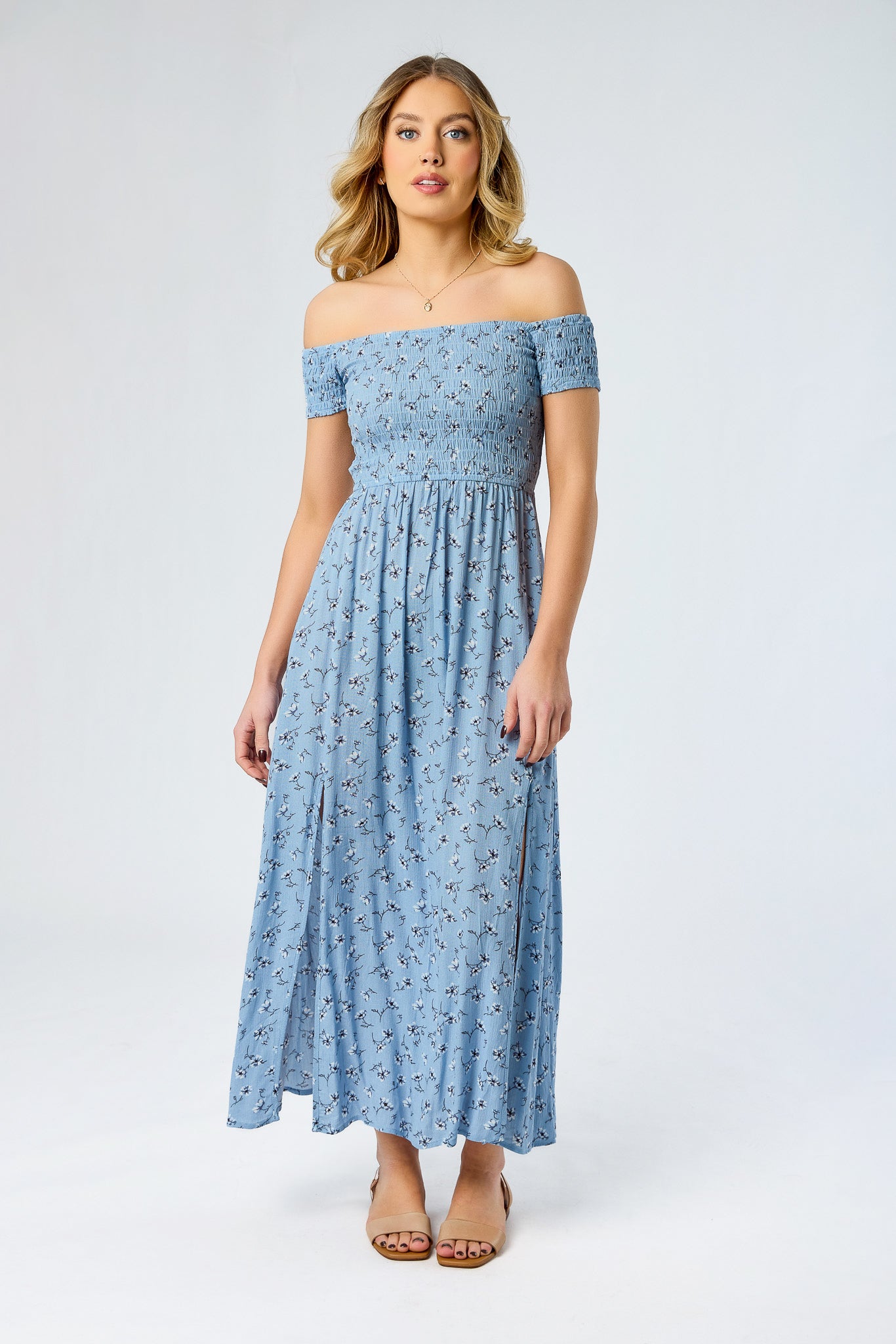 Dusty Blue Floral Smocked Off-Shoulder Dress – Eclipse