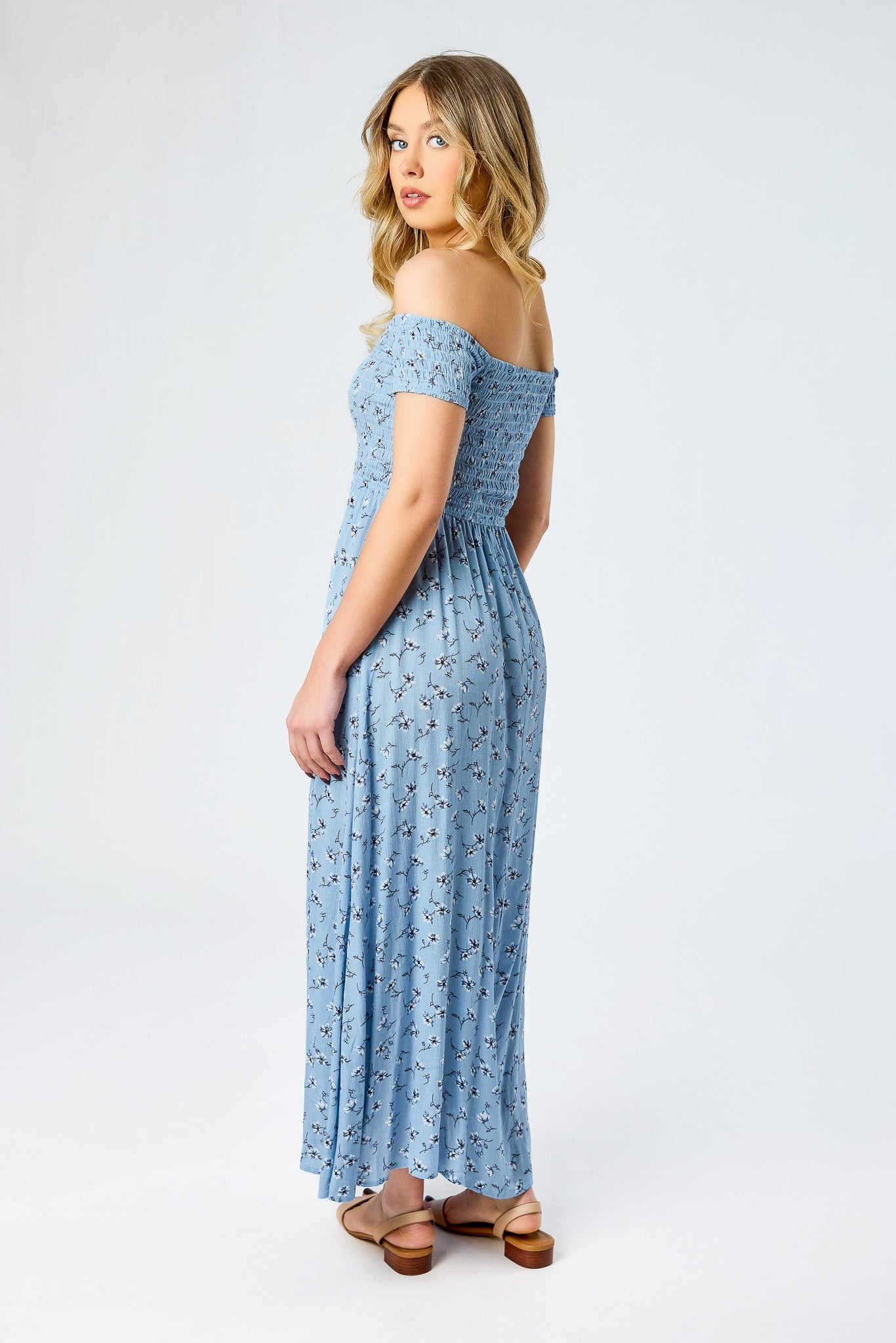 smocked off the shoulder dress Dusty Blue Floral Smocked Off-Shoulder Dress