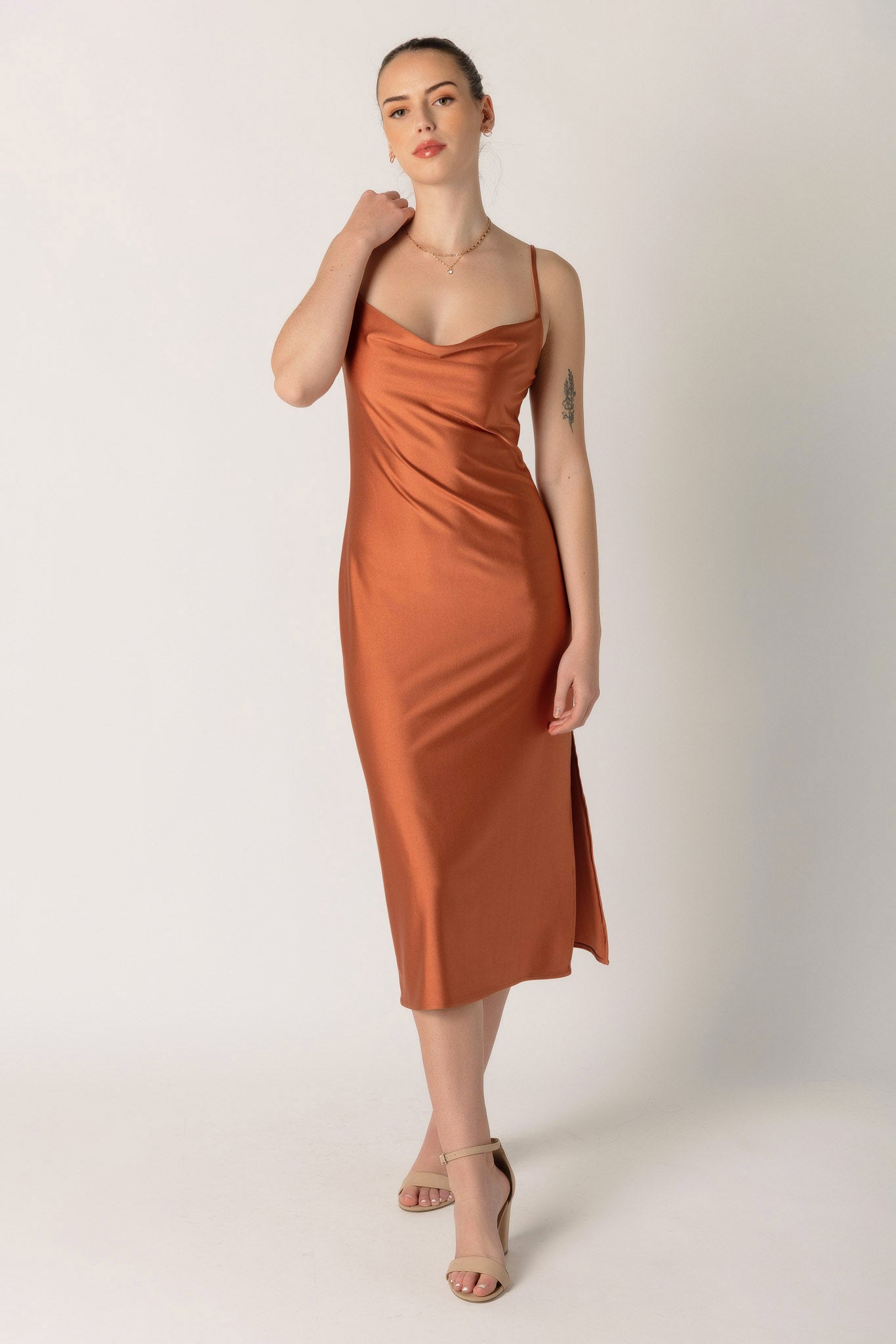 Stretch Satin Midi Slip Dress with Side Slit