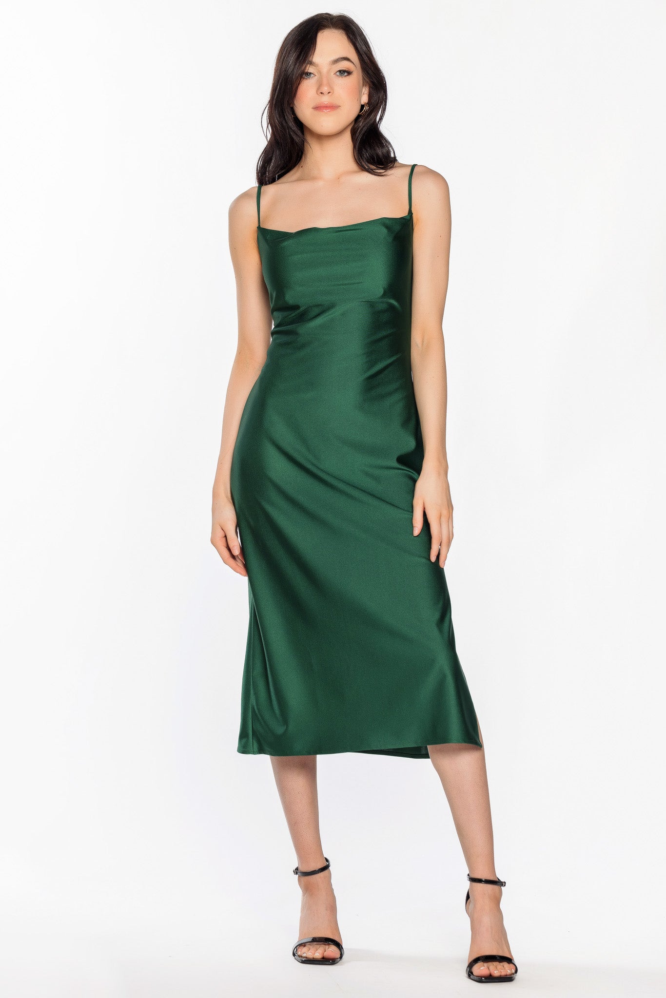 Stretch Satin Midi Slip Dress with Side Slit