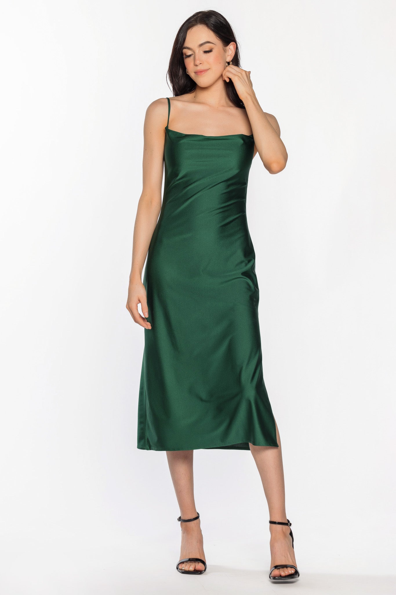 Stretch Satin Midi Slip Dress with Side Slit