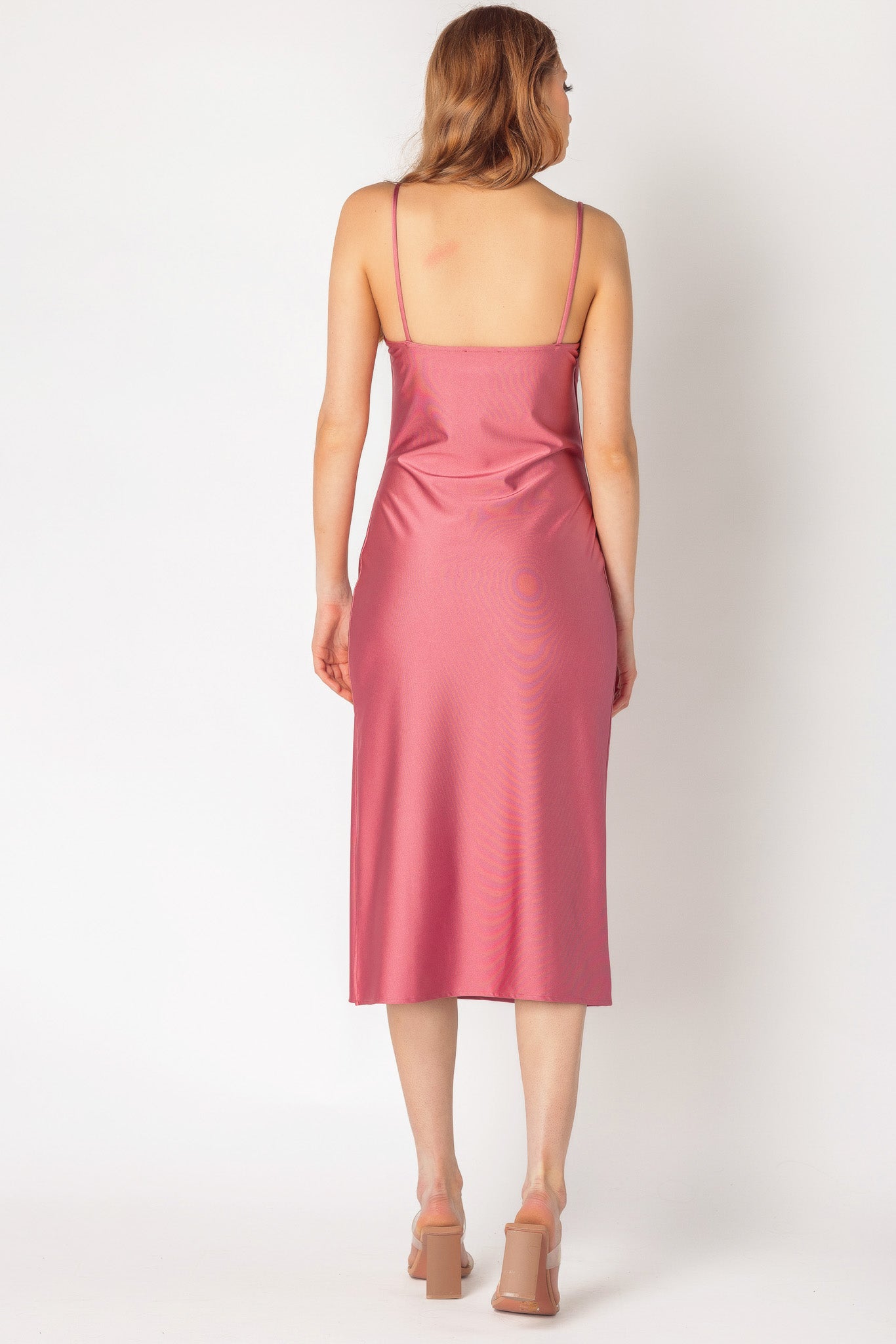 Stretch Satin Midi Slip Dress with Side Slit