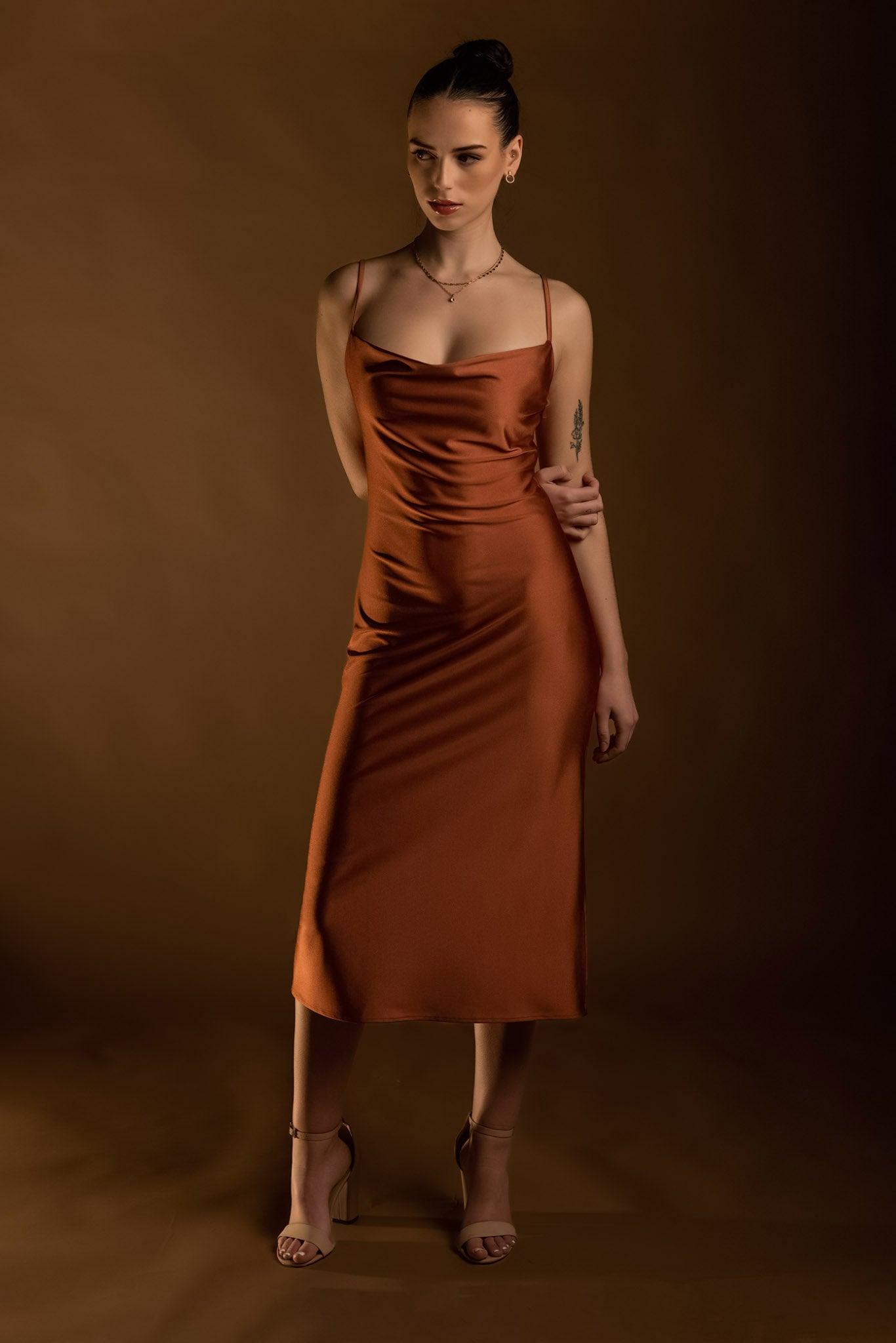 Stretch Satin Midi Slip Dress with Side Slit