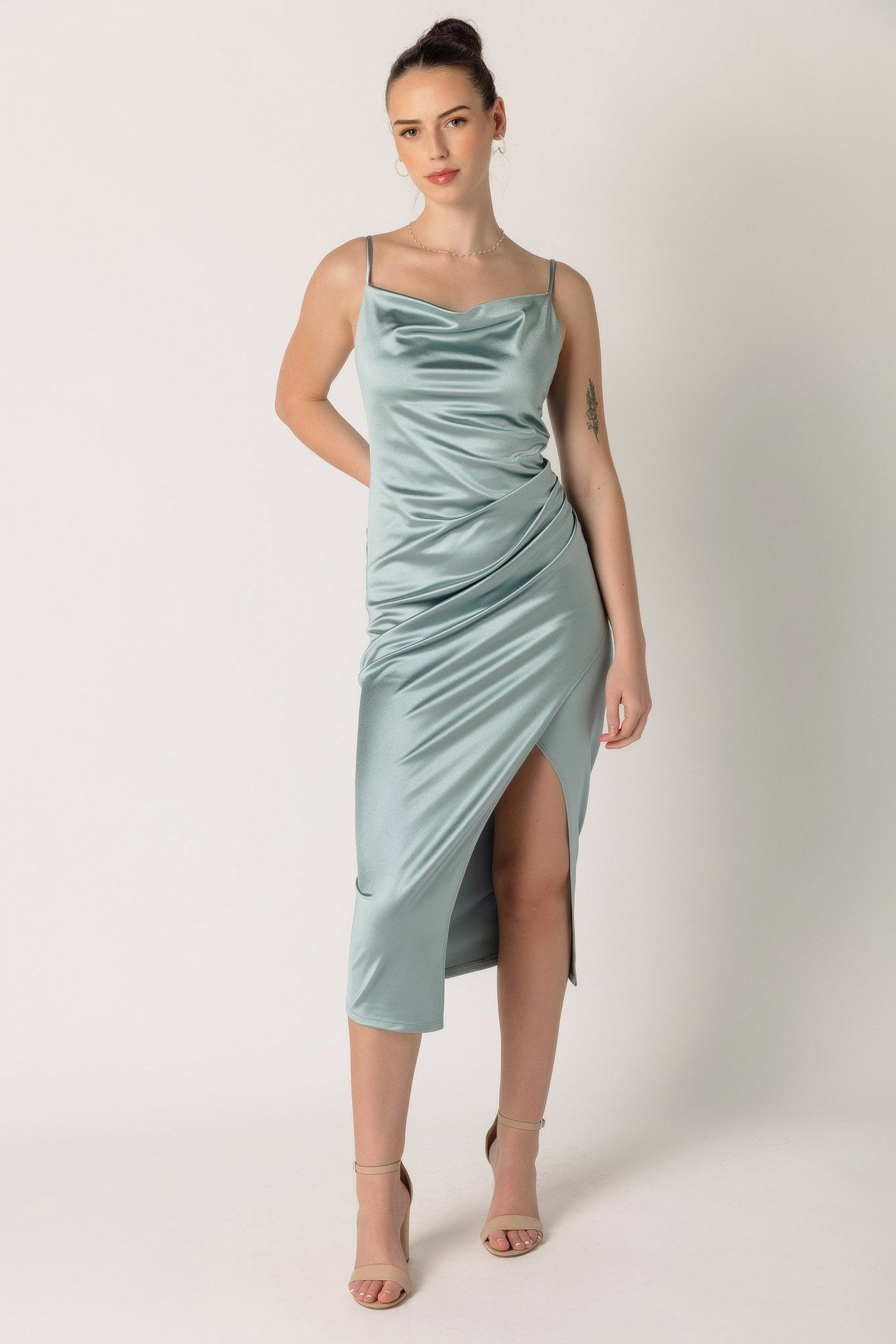 Stretch Satin Crossover Midi Dress