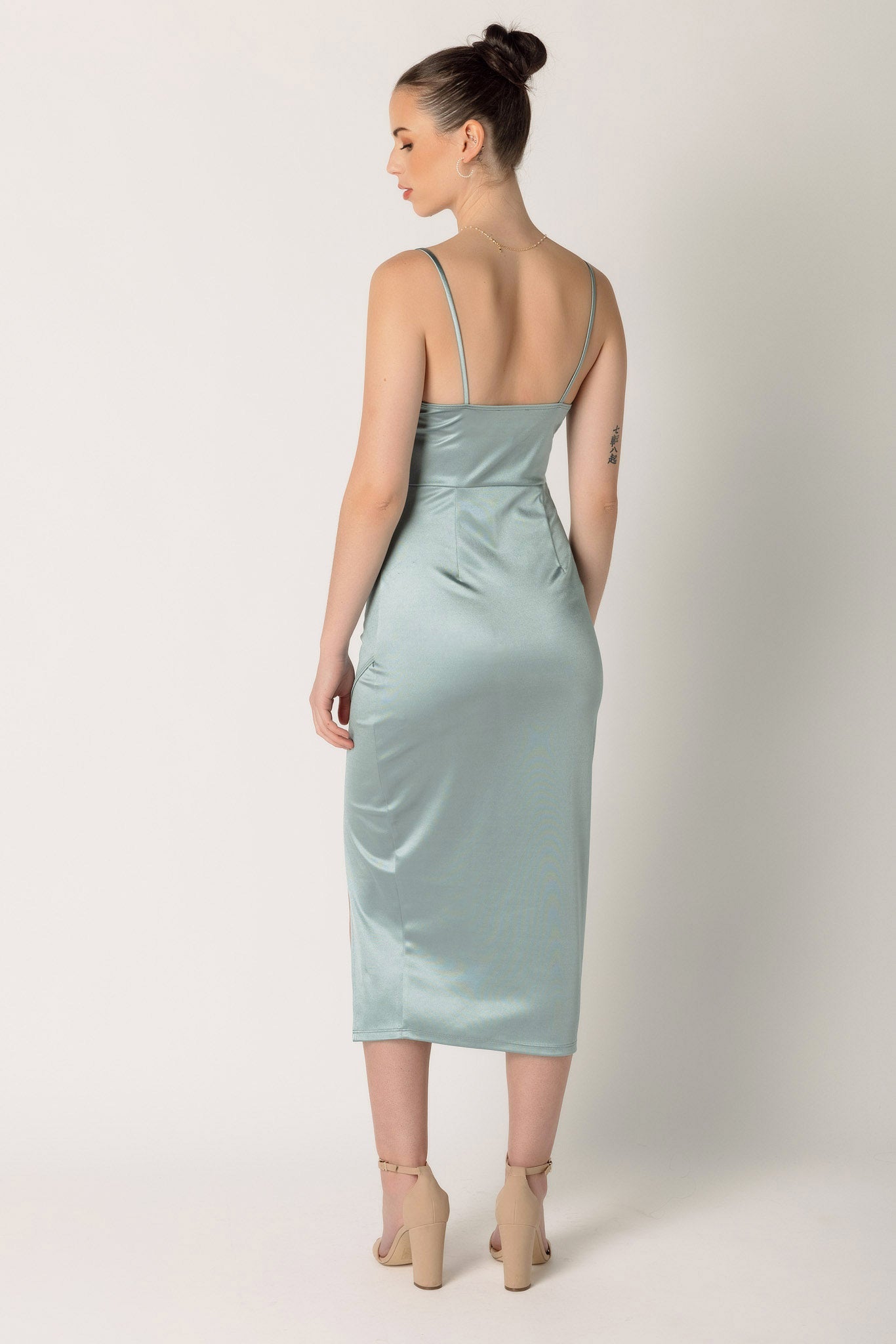Stretch Satin Crossover Midi Dress