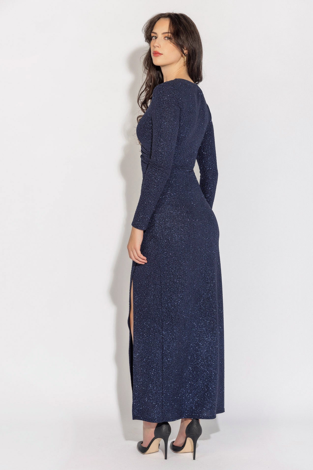 Glitter Long Sleeve Crossover Maxi Dress