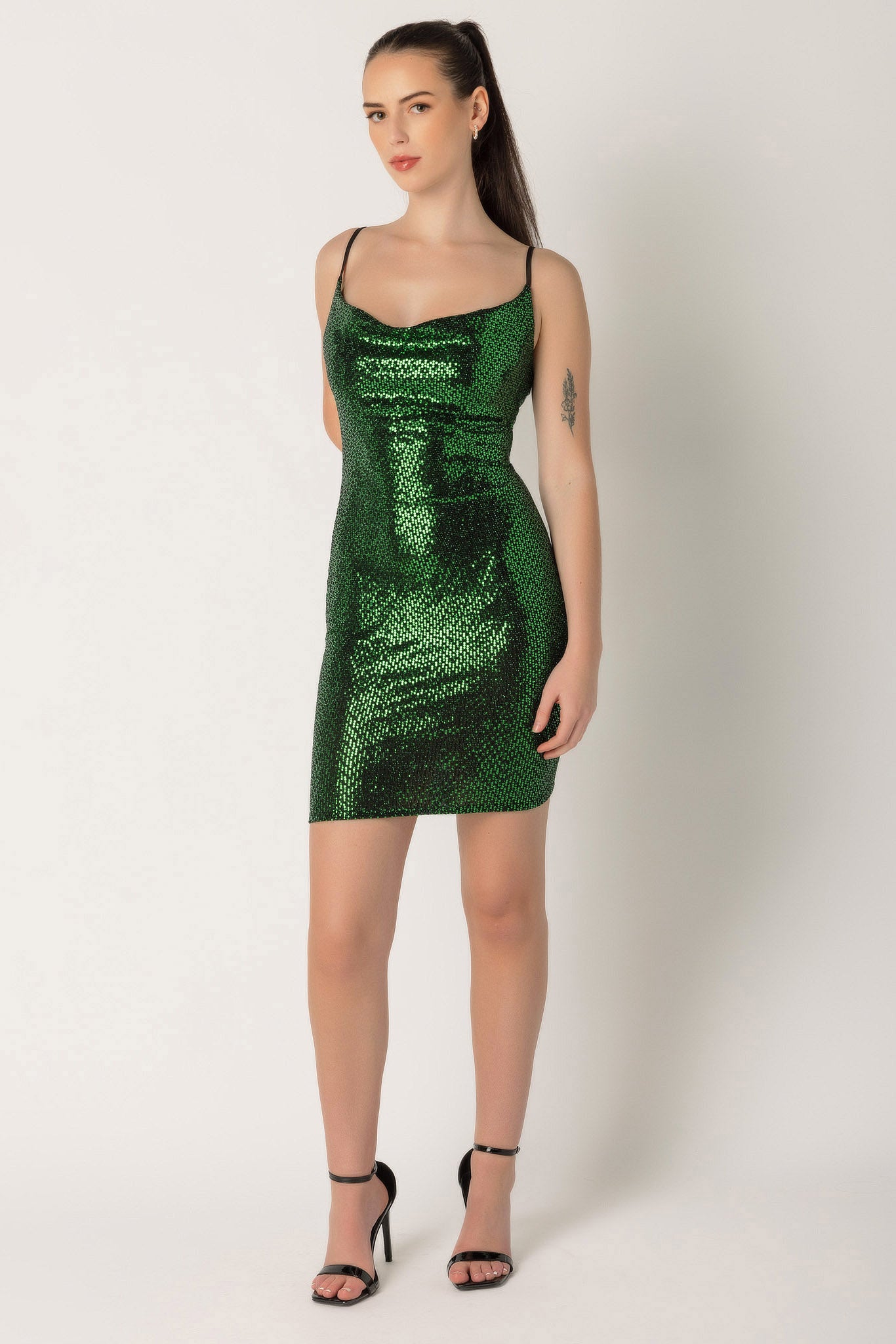 Disco Sequin Drape Neck Bodycon Dress