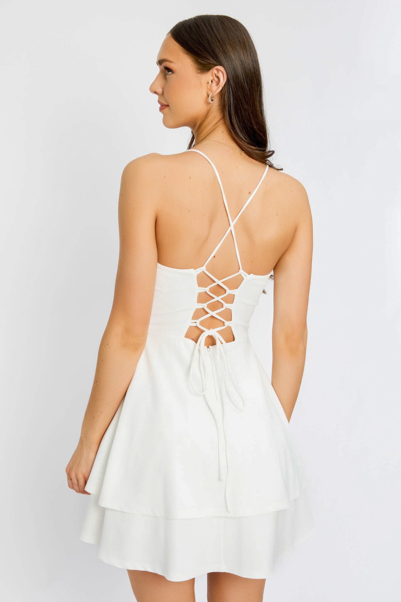 Stretch Crepe Double Hem Lace-Up Skater Dress Eclipse Stretch Crepe Double Hem Lace-Up Skater Dress Eclipse