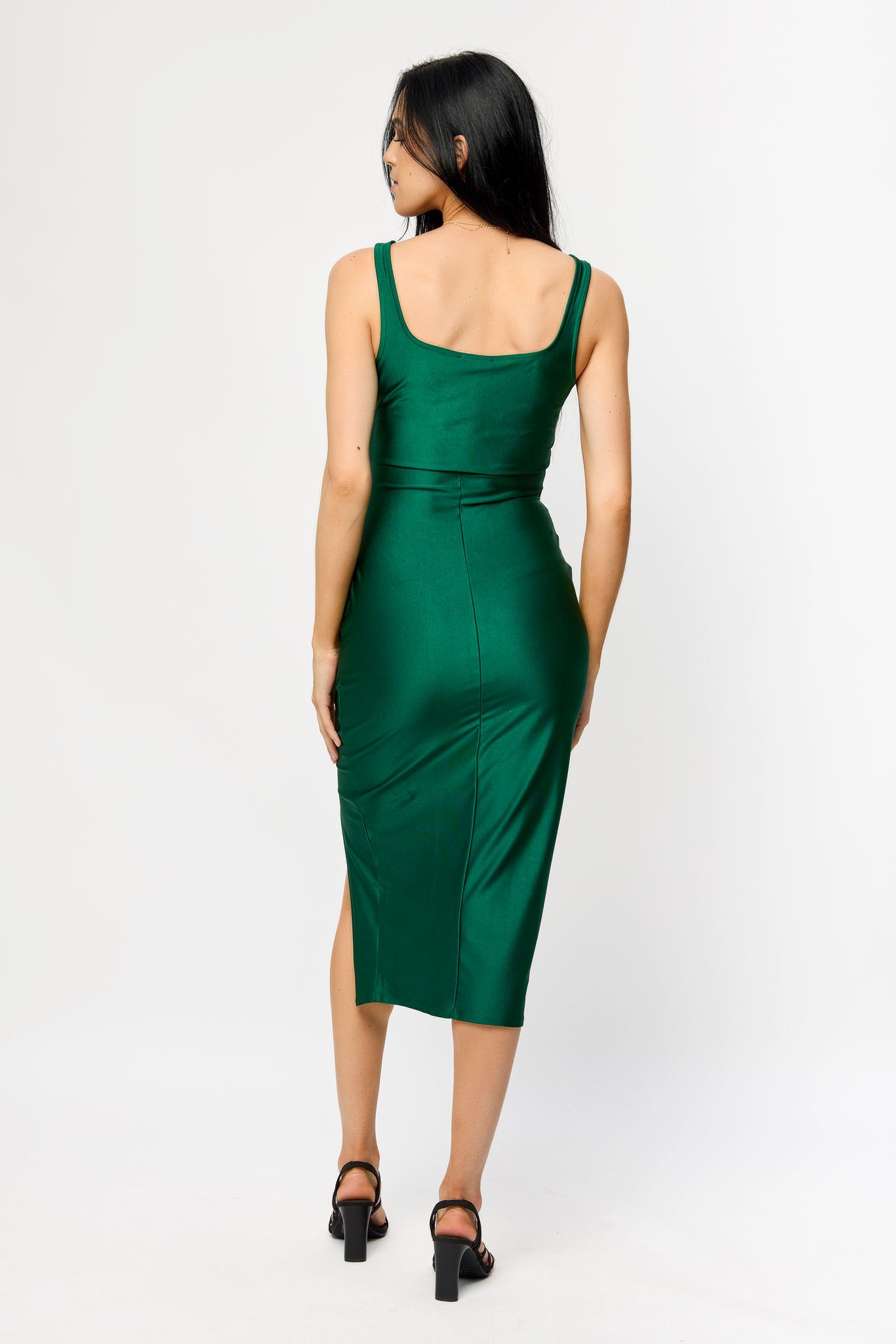 Satin Square-Neck Midi Dress with Side Slit