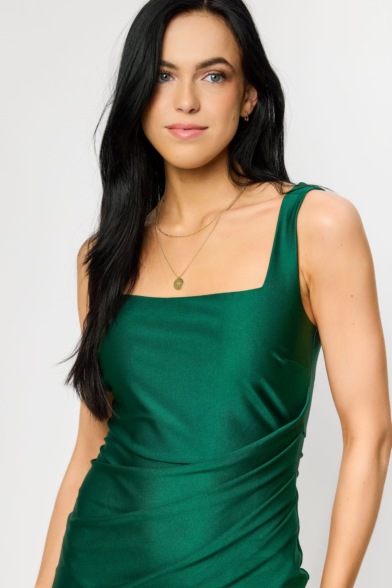 Satin Square-Neck Midi Dress with Side Slit