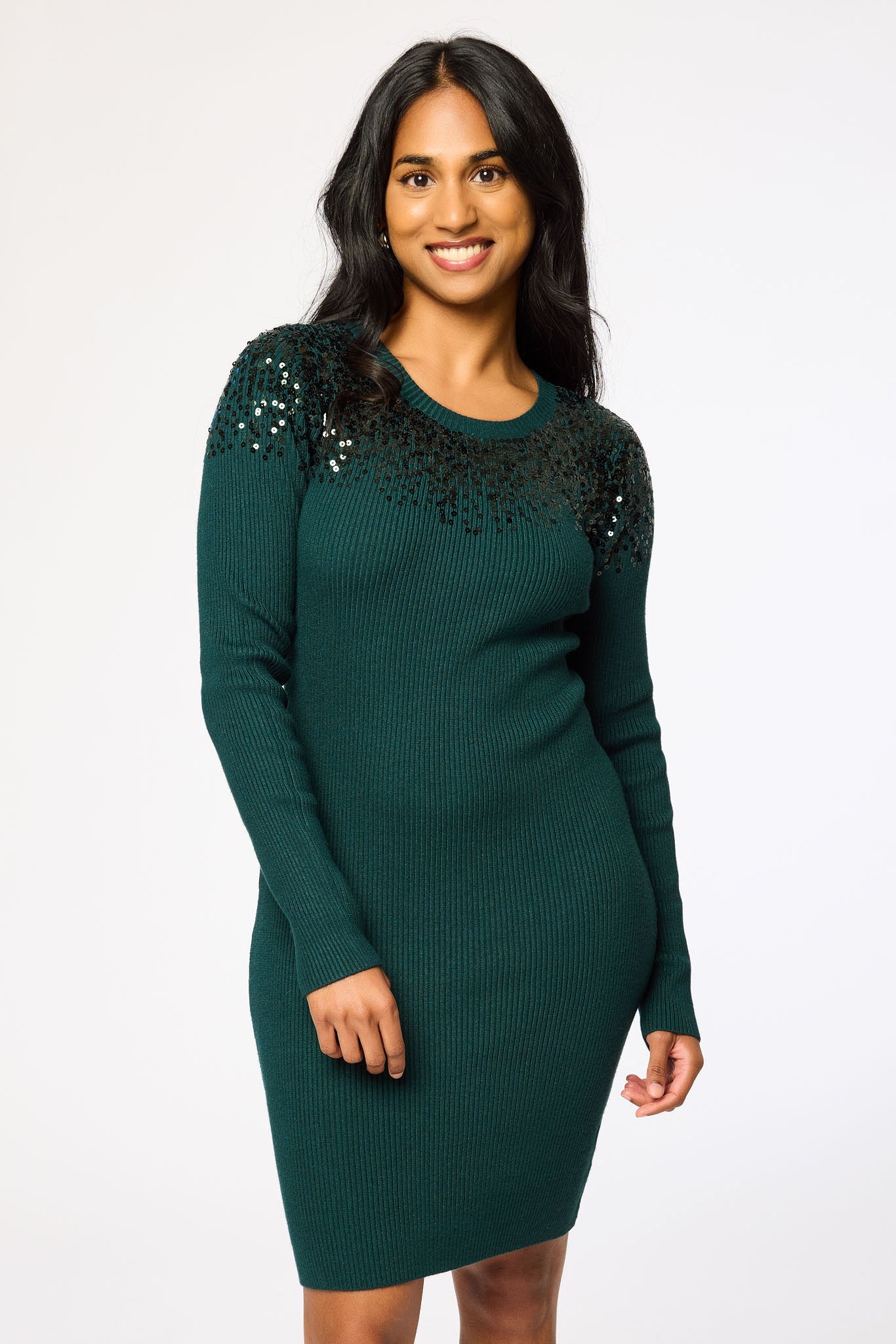Ribbed Crew-Neck Long-Sleeve Bodycon Sweater Dress with Sequins