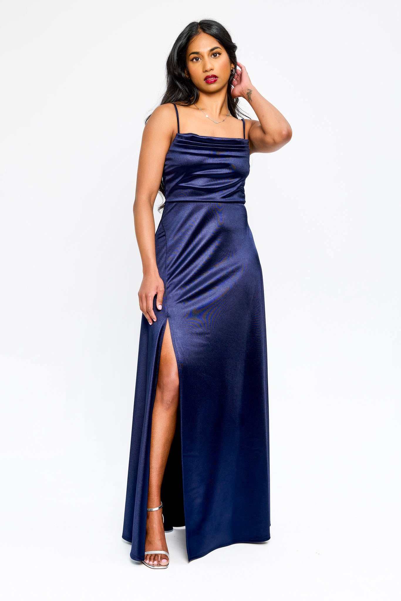 pleated side-slit satin dress Stacees 2026 Off-the Shoulder Prom Dress Slate Blue Beading Side Draping