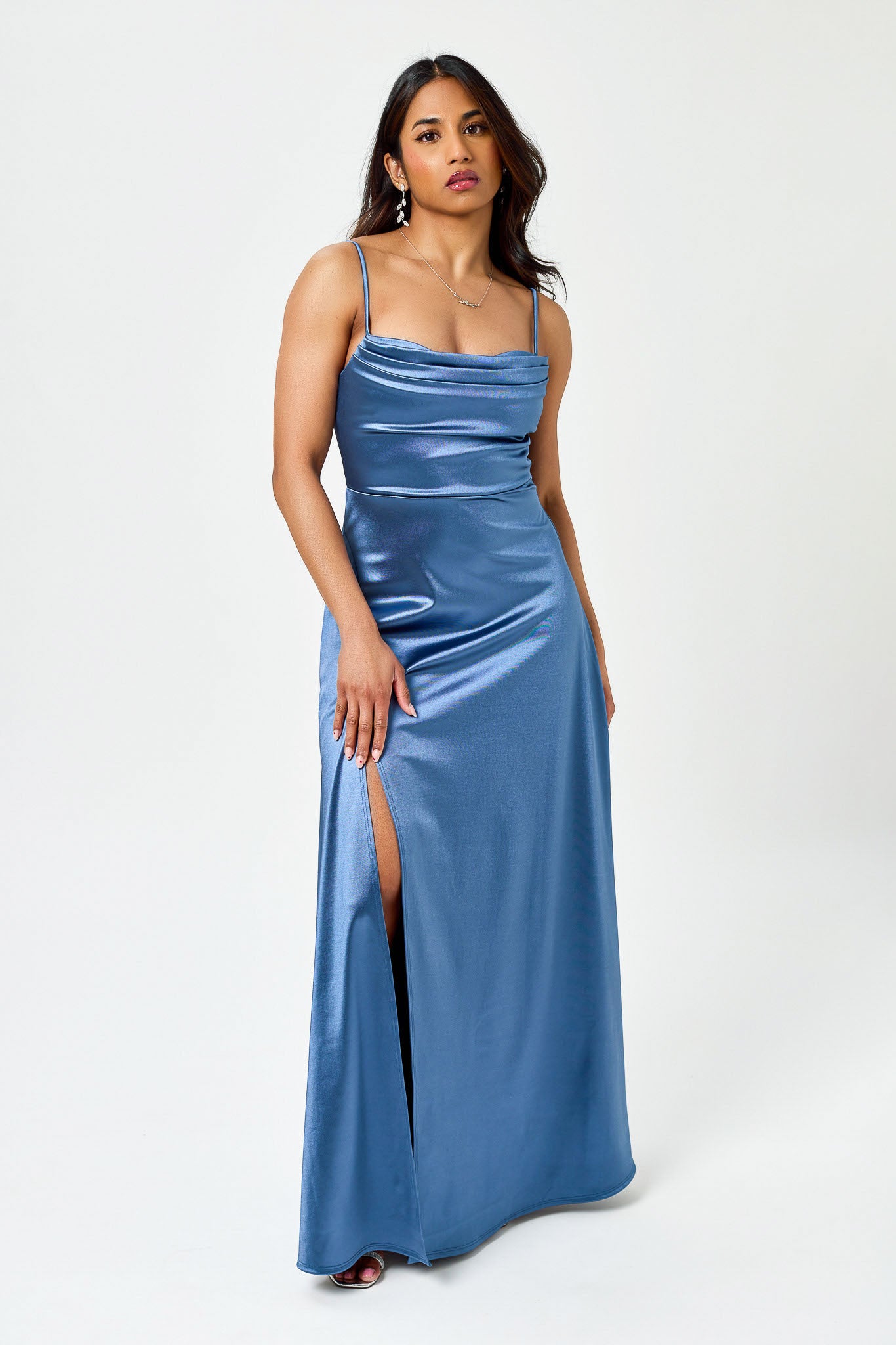 Satin Spaghetti Strap Pleated Bust Maxi Dress with Side Slit Eclipse Satin Spaghetti Strap Pleated Bust Maxi Dress with Side Slit Eclipse