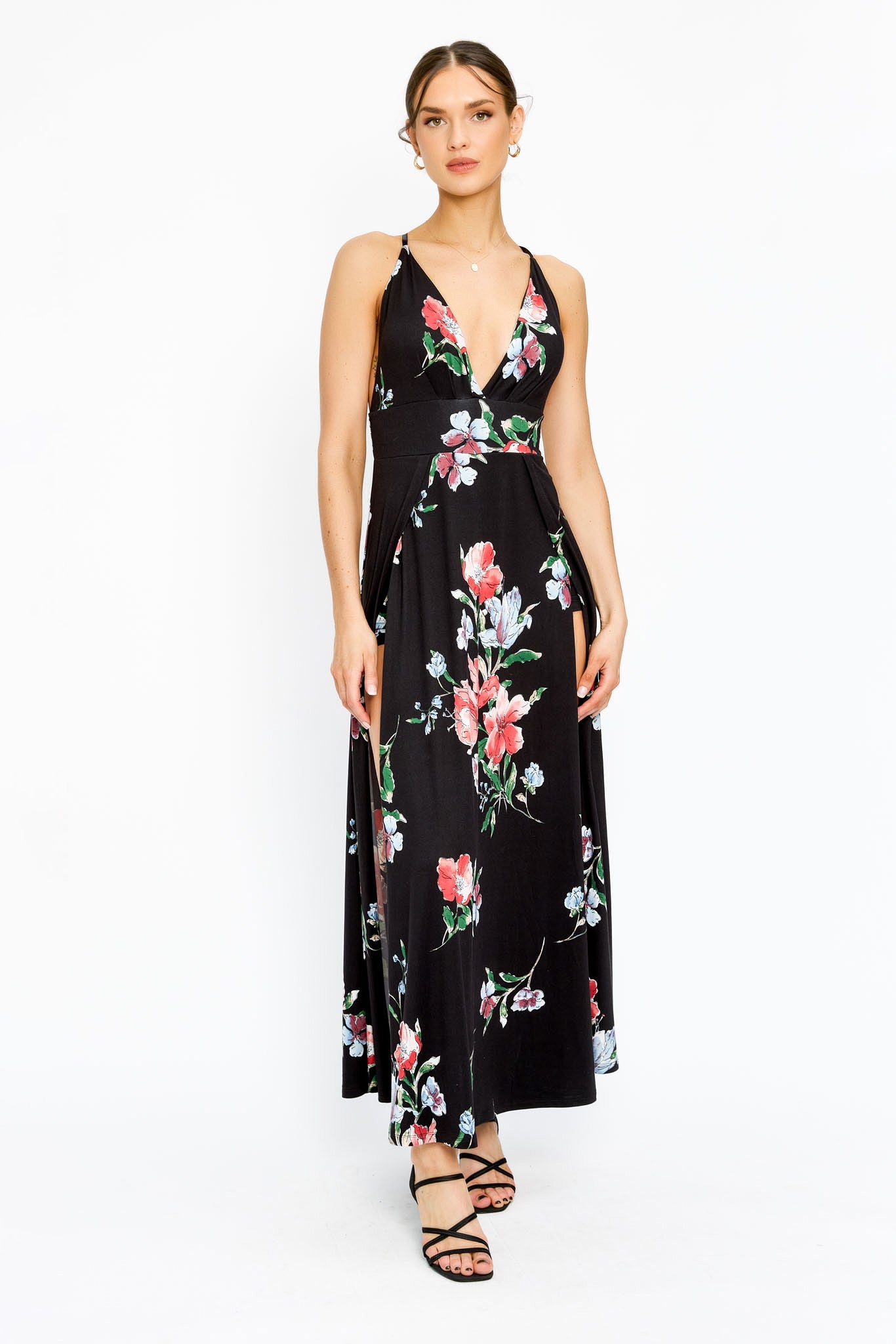 Floral Maxi Dress with Side Slits and Shorts