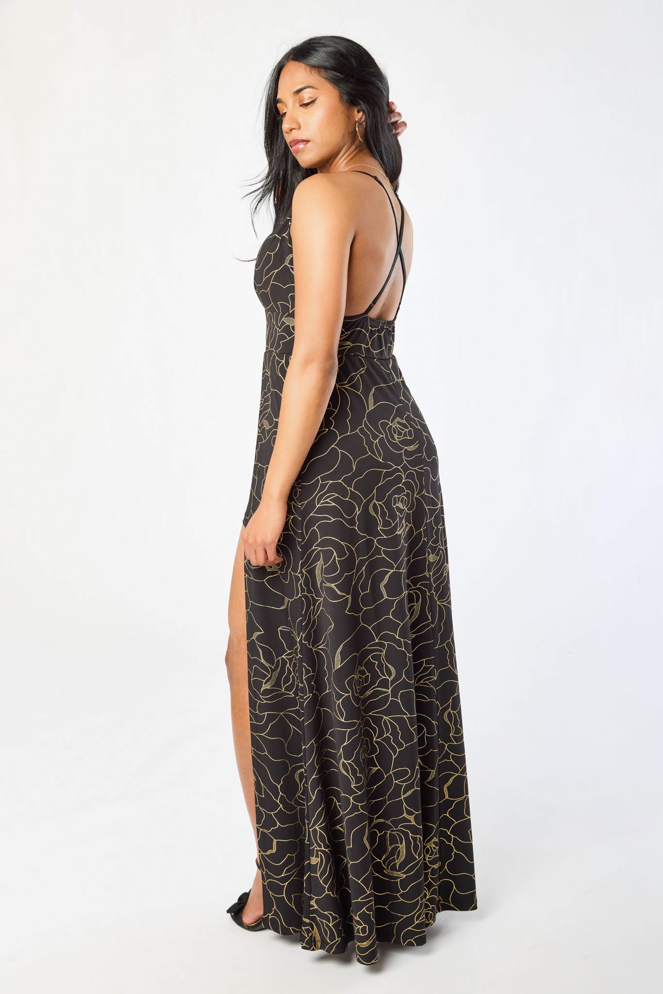 Floral Foil Maxi Dress with Side Slits and Shorts