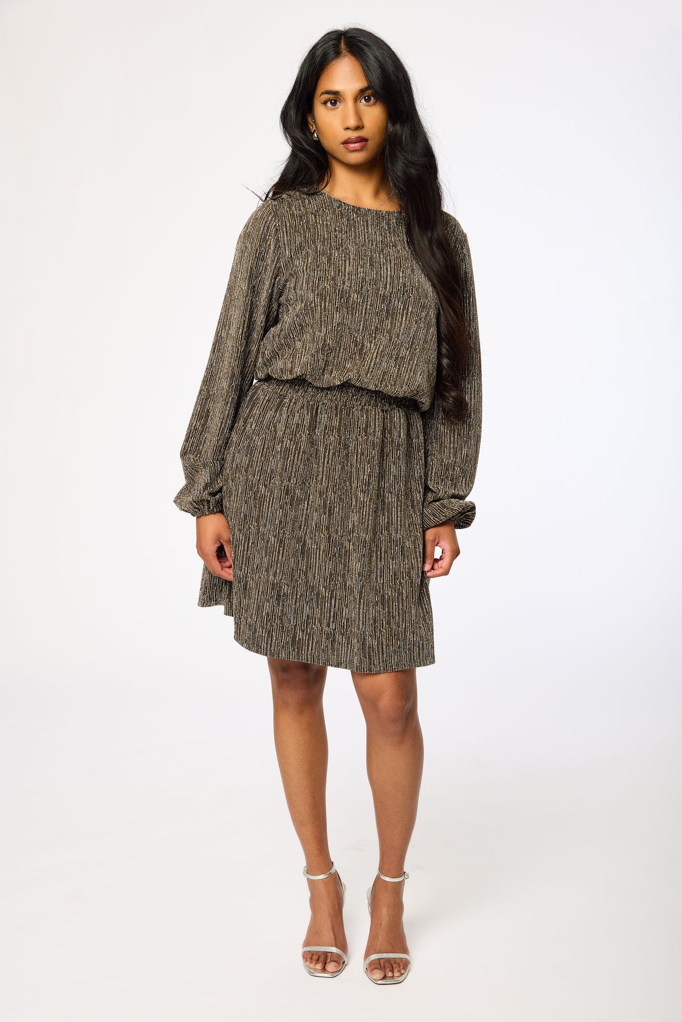 Metallic Balloon-Sleeve Crew-Neck Dress with Smocked Waist