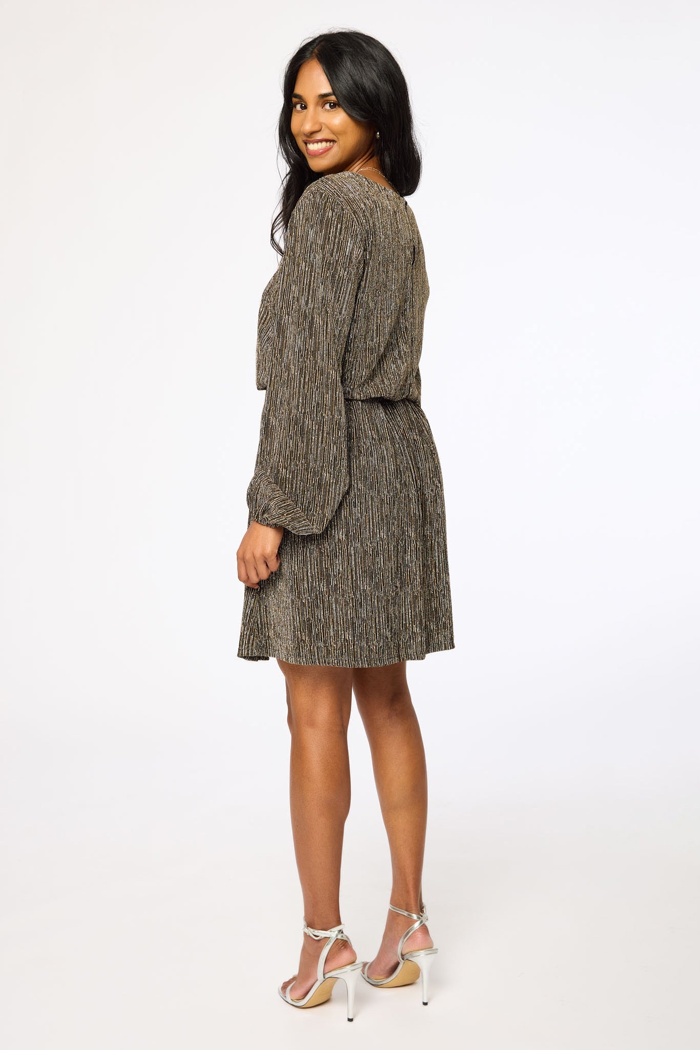 Metallic Balloon-Sleeve Crew-Neck Dress with Smocked Waist