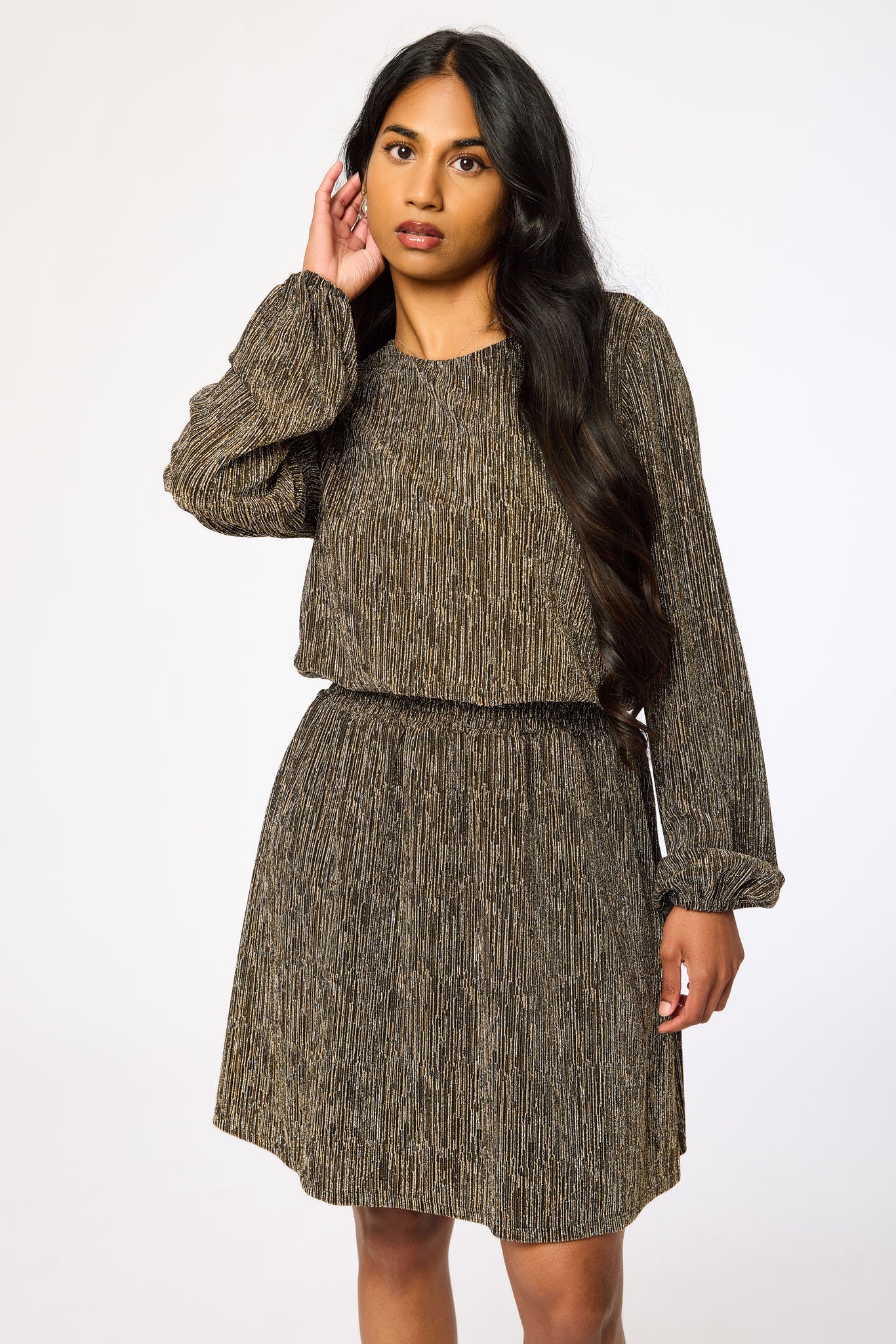Metallic Balloon-Sleeve Crew-Neck Dress with Smocked Waist
