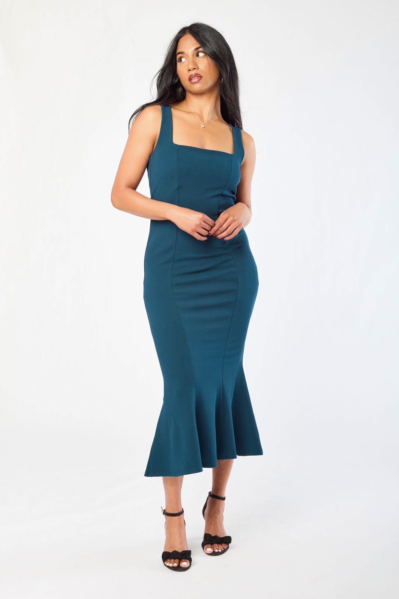 Stretch Crepe Square-Neck Flared Midi Dress