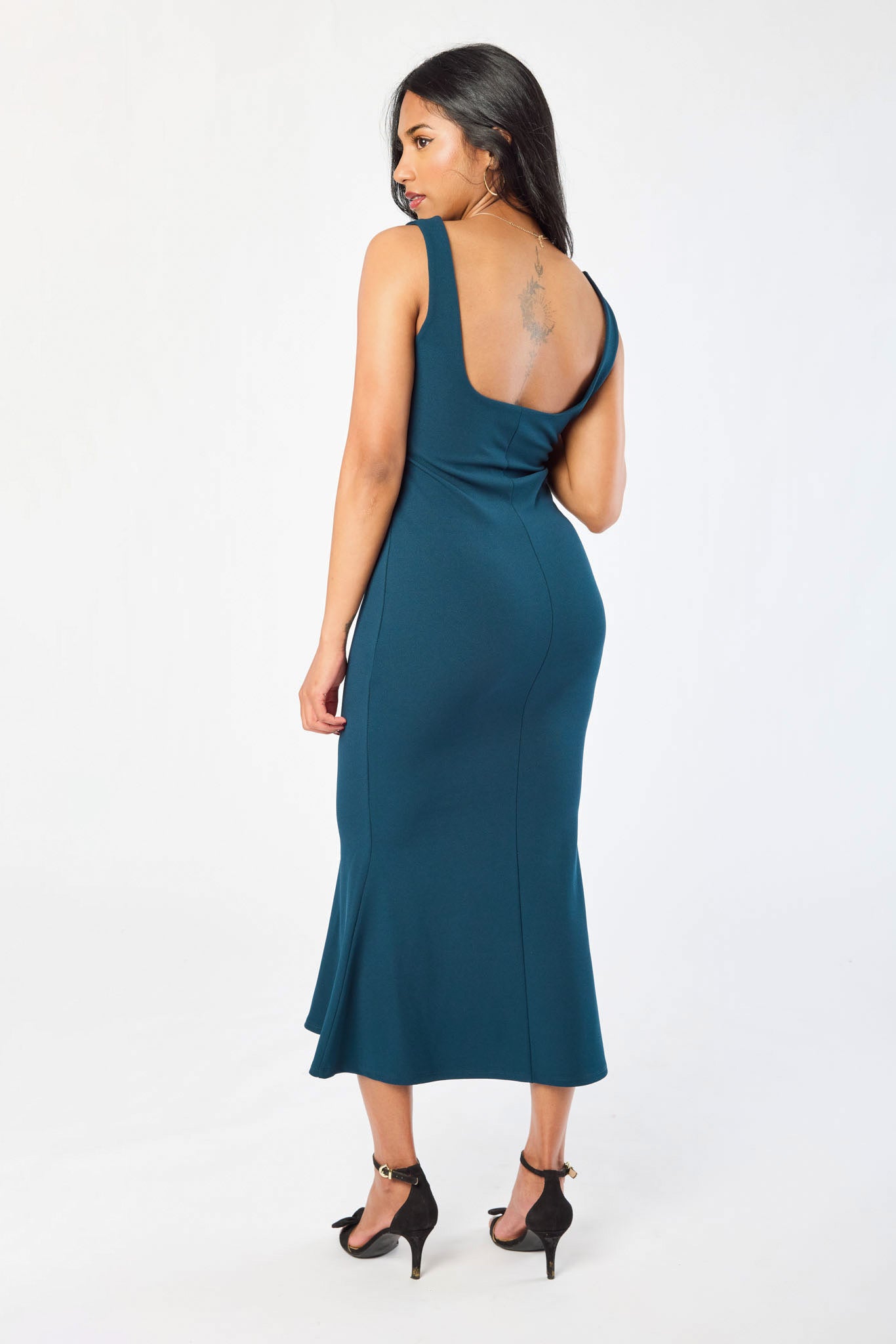 Stretch Crepe Square-Neck Flared Midi Dress