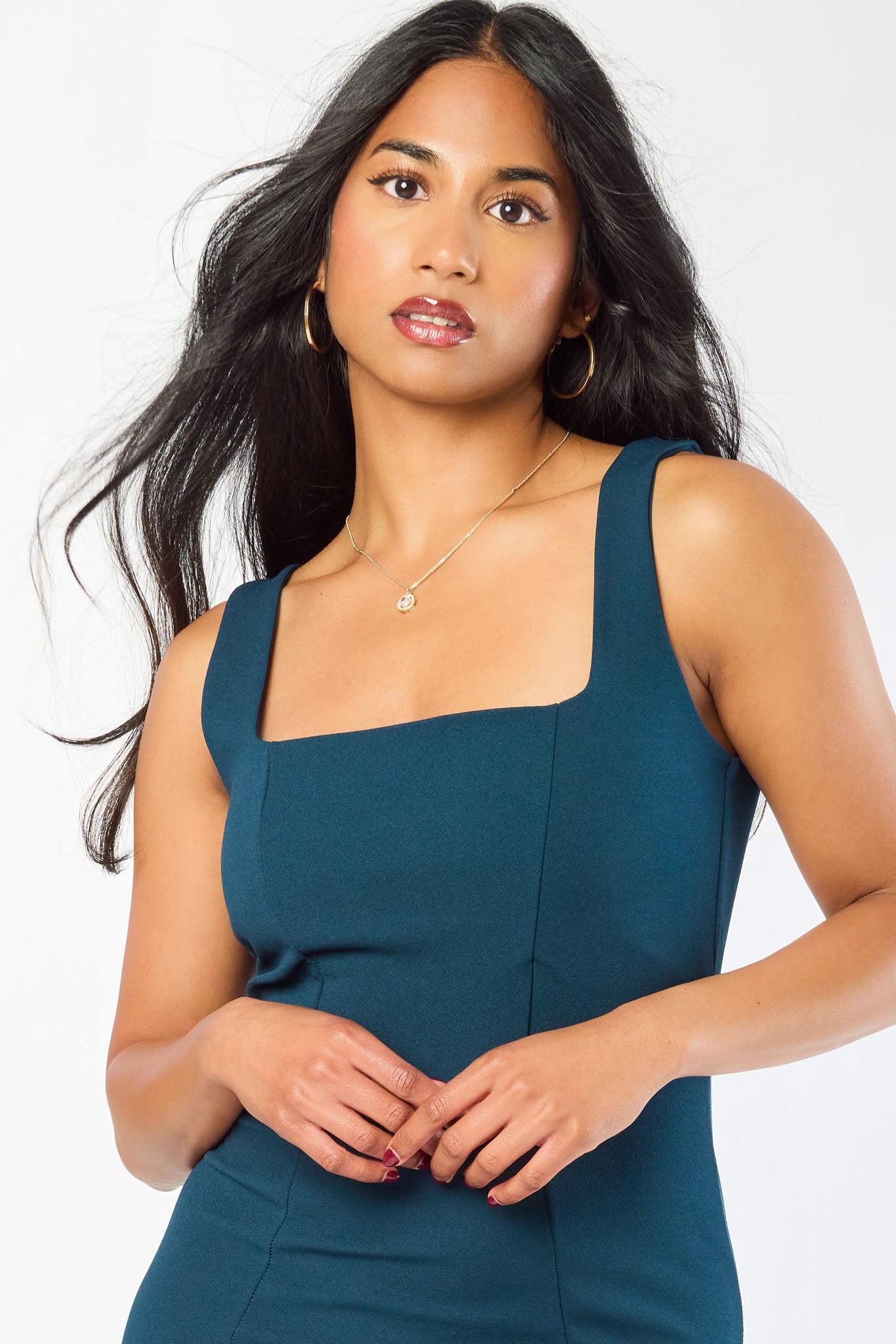Stretch Crepe Square-Neck Flared Midi Dress