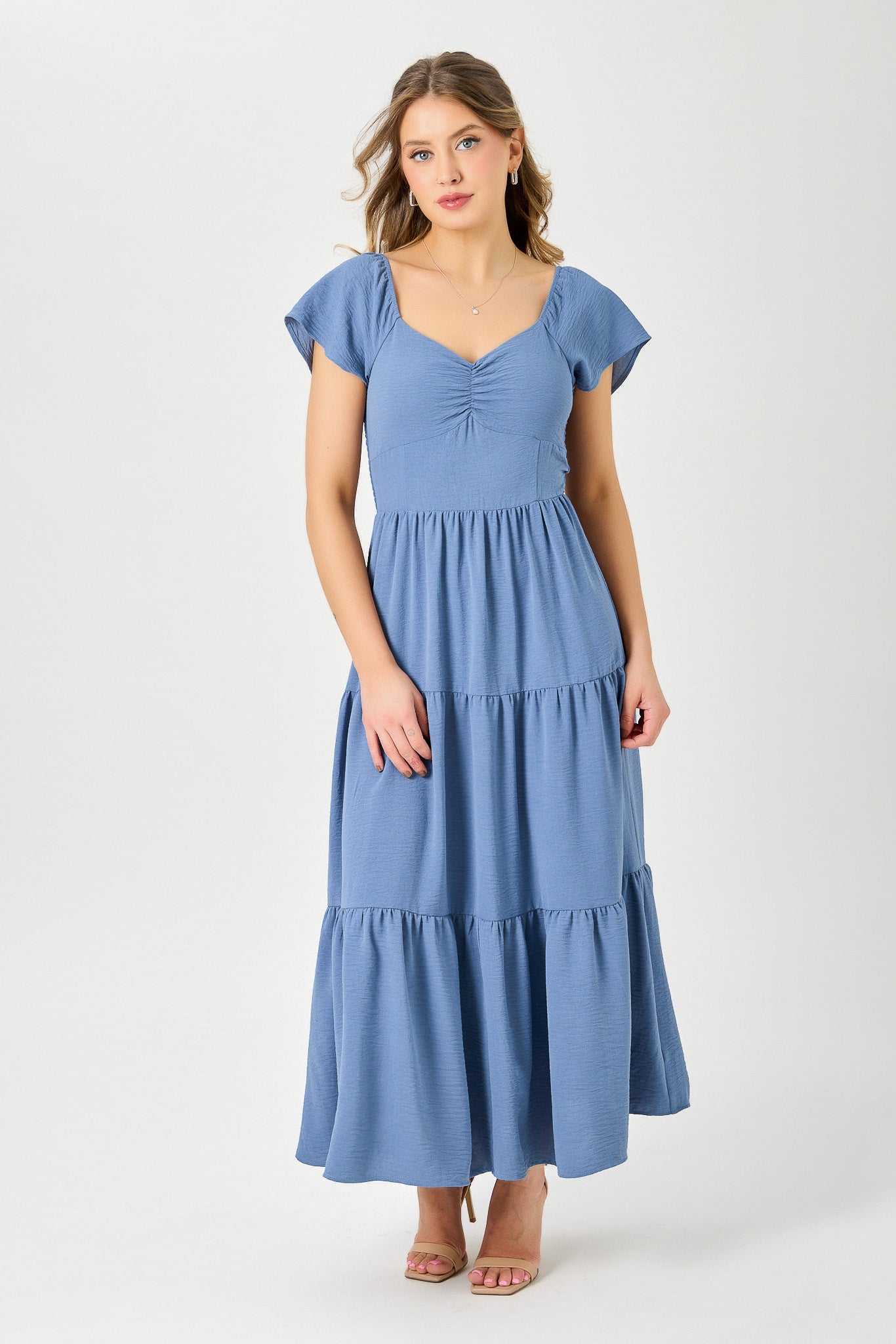 Airflow Flutter-Sleeve Tiered Maxi Dress with Padded Cups  Eclipse
