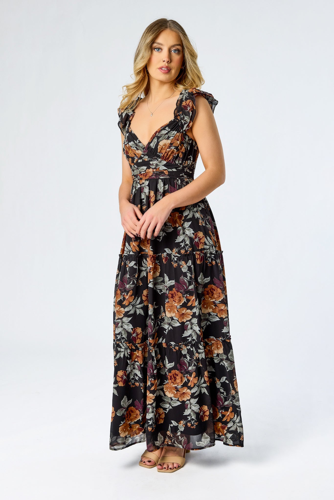 floral chiffon dress with flutter sleeves Women's Chiffon Floral Flutter Sleeve Dress