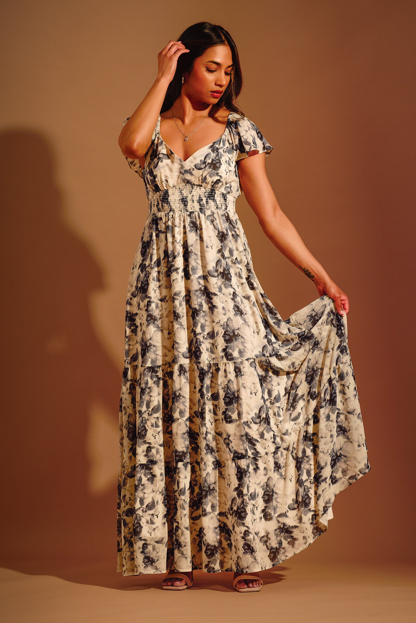 Floral Chiffon V-Neck Flutter-Sleeve Maxi Dress with Smocked Waist Floral Chiffon V-Neck Flutter-Sleeve Maxi Dress with Smocked Waist