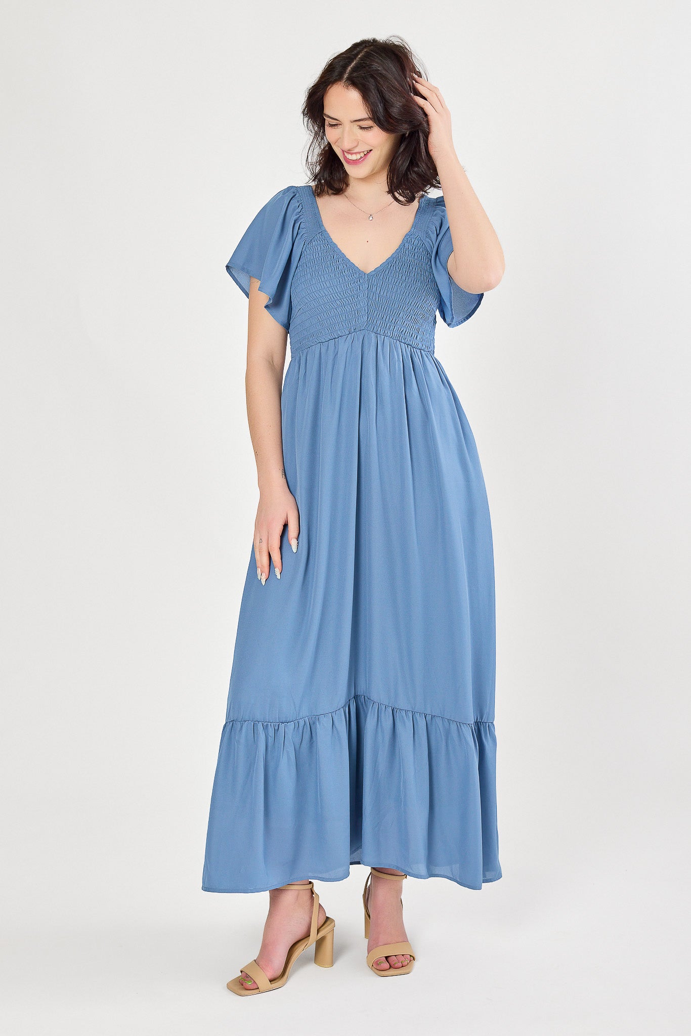 smock maxi dress with sleeves WOMEN'S SHORT SLEEVE V-NECK FRONT SLIT FLORAL PRINT SMOCK MAXI DRESS 2S-2M-2L
