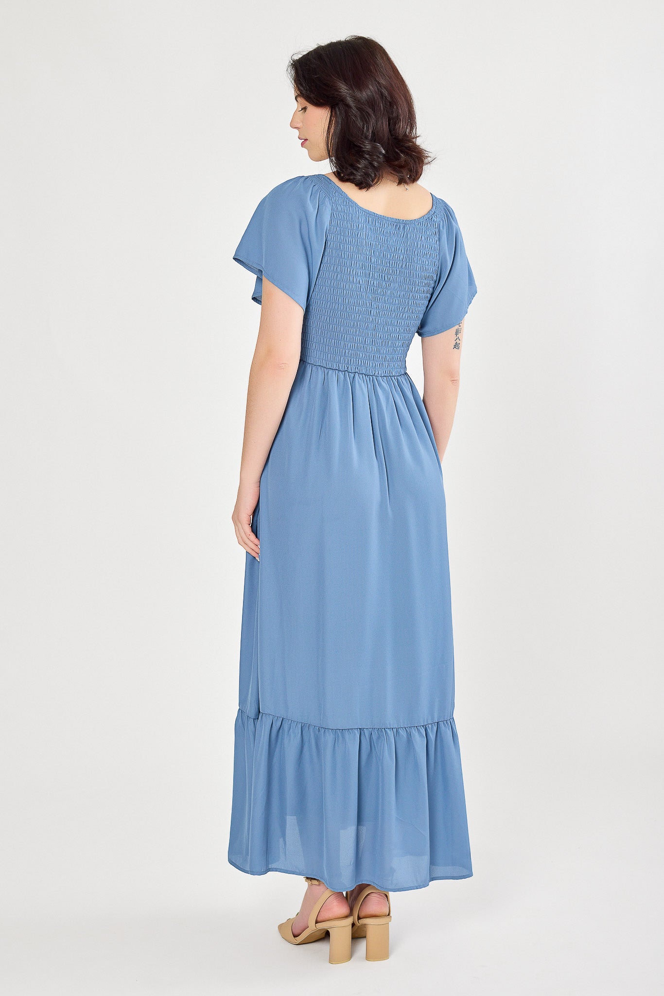 bhldn asha flutter sleeve v neck chiffon maxi dress Solid Flutter-Sleeve V-Neck Maxi Dress with Smocked Bust – Eclipse