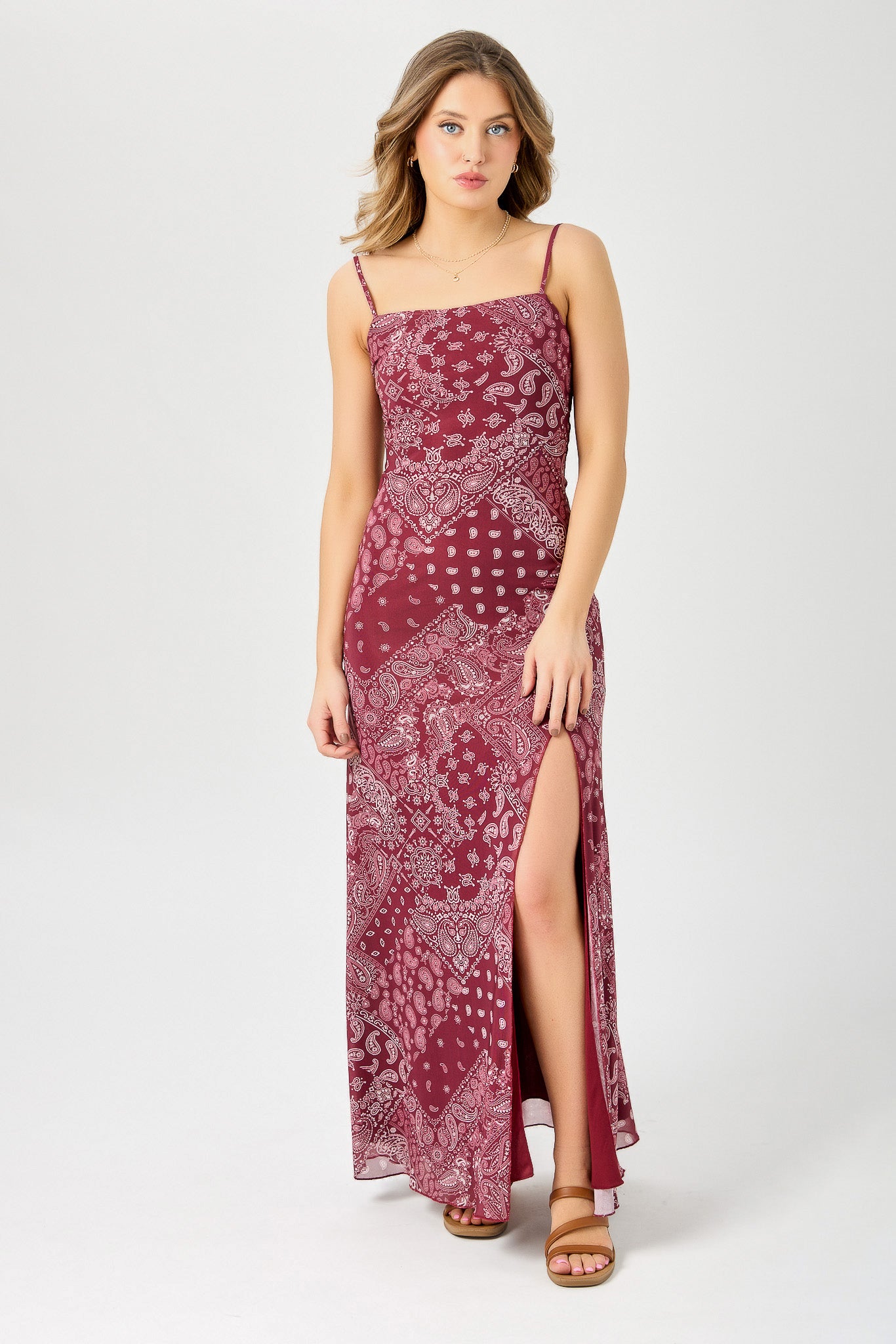 knee length dresses for ladies Bandana Print Mesh Spaghetti-Strap Maxi Dress with Lace-up Back
