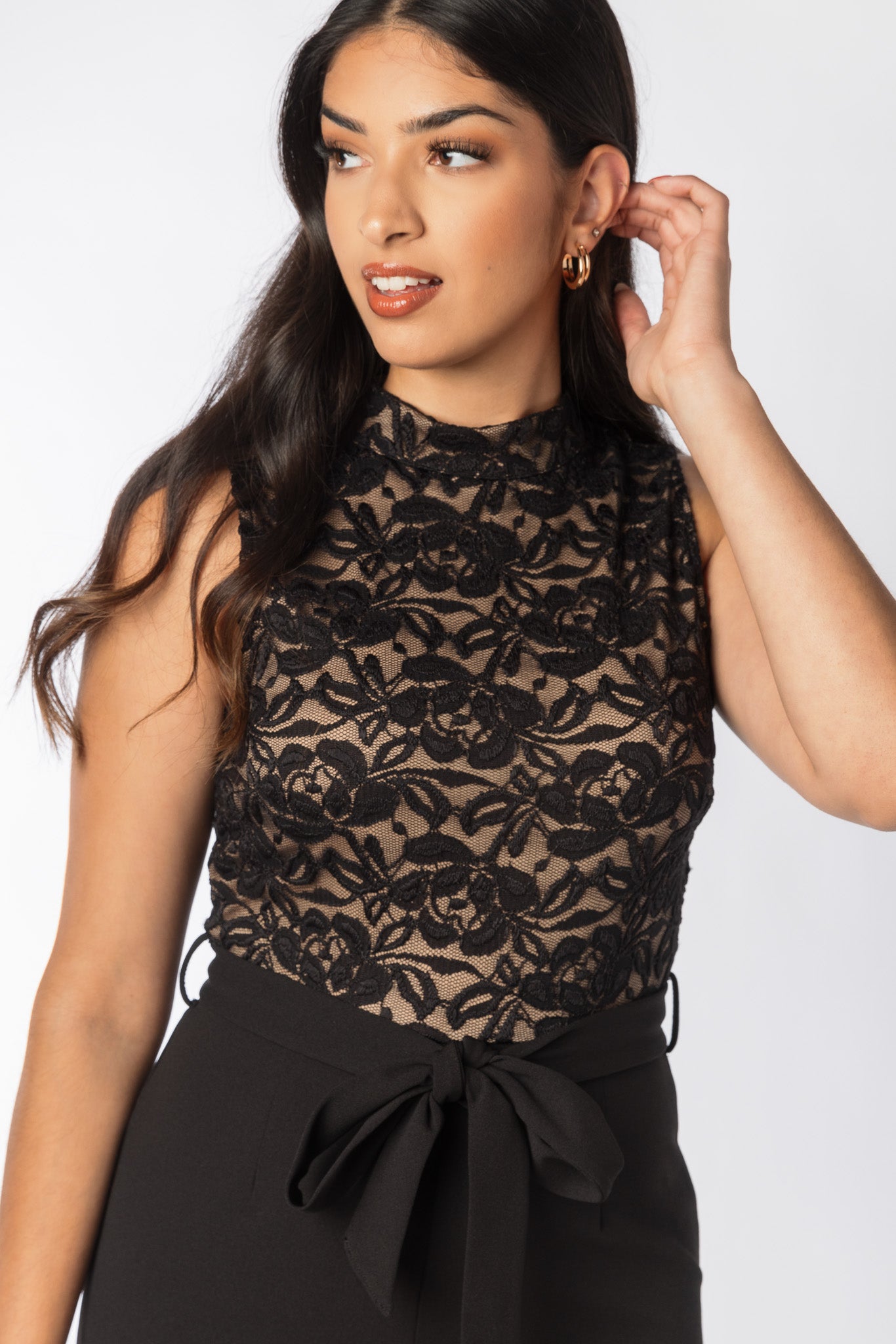 Mockneck Sleeveless Jumpsuit with Tie-Belt