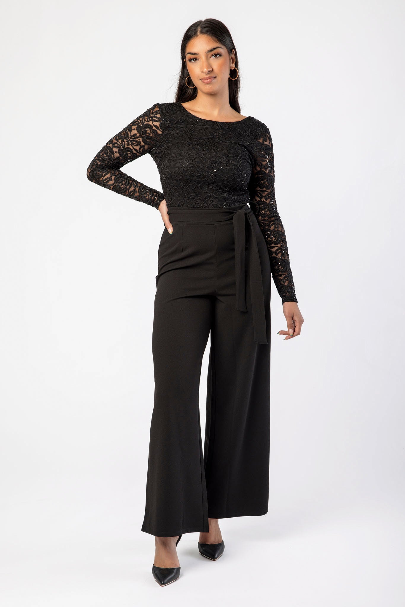 Sequin Crew-Neck Long-Sleeve Lace Jumpsuit with Tie-Belt