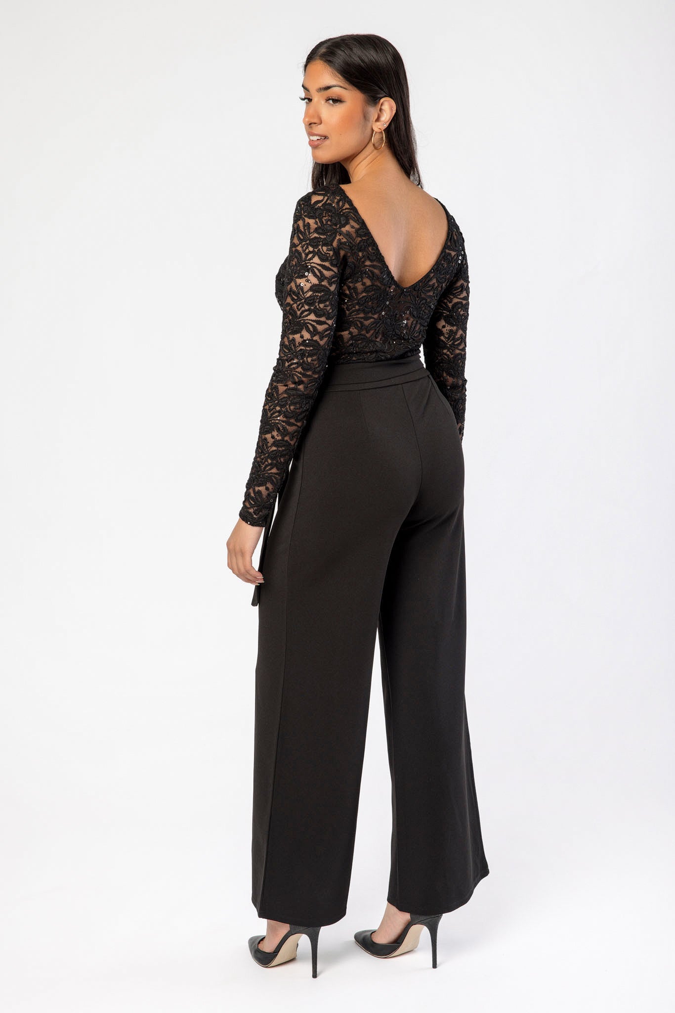 Sequin Crew-Neck Long-Sleeve Lace Jumpsuit with Tie-Belt