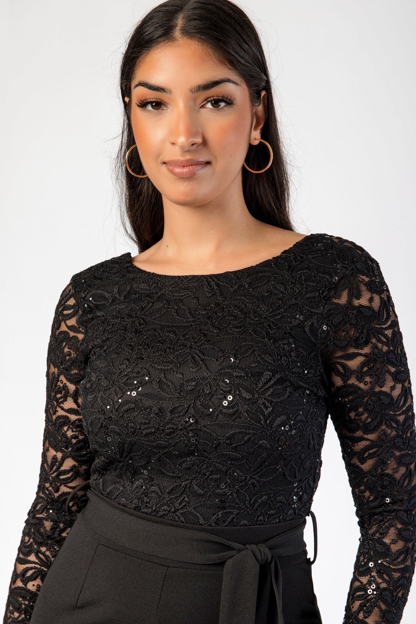 Sequin Crew-Neck Long-Sleeve Lace Jumpsuit with Tie-Belt