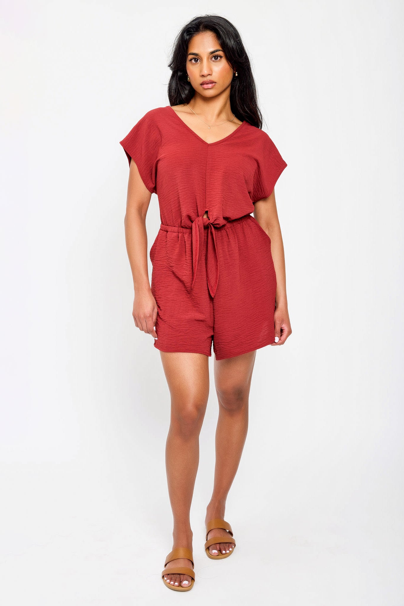 Dolman-Sleeve V-Neck Romper with Tie-Front Detail