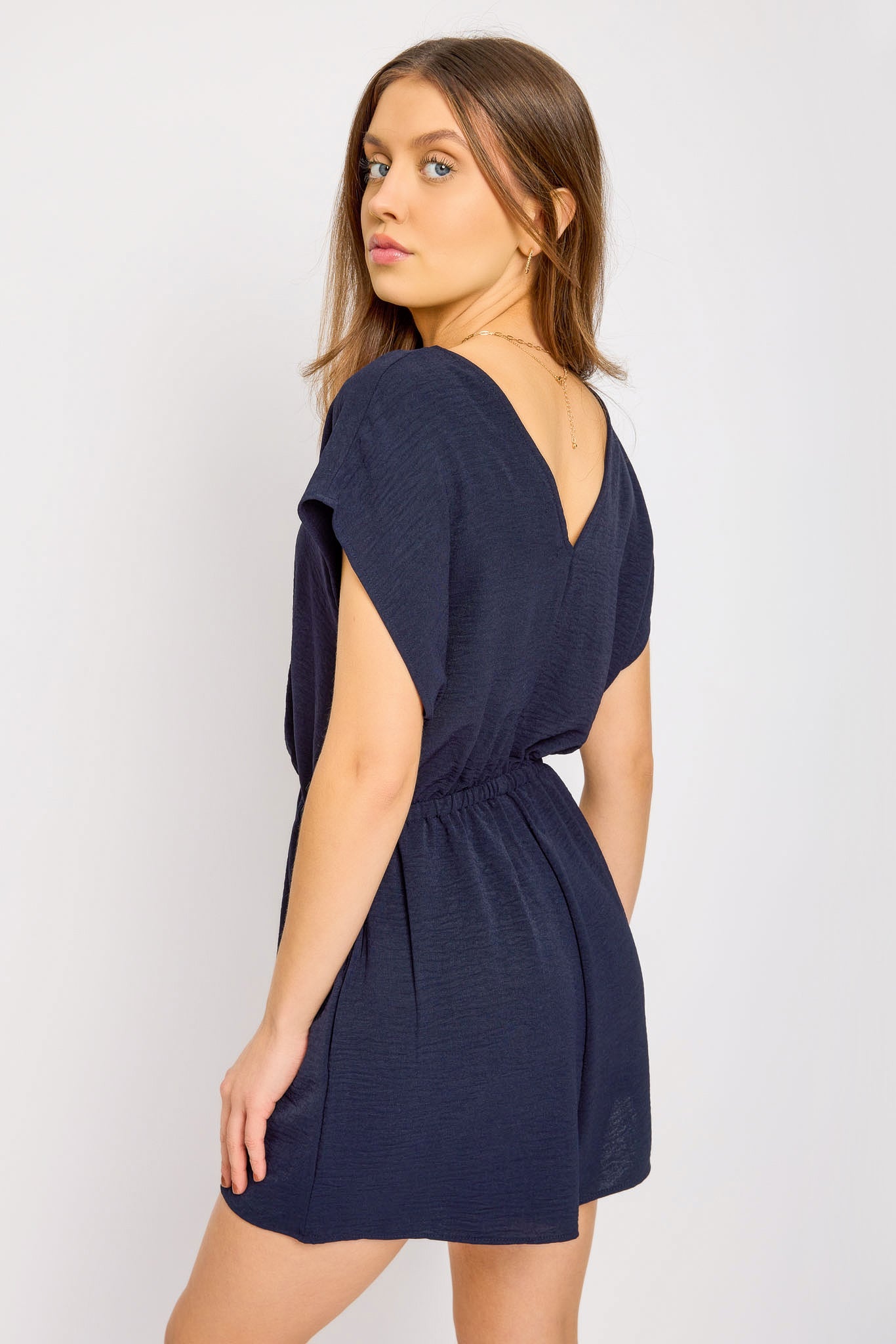 Dolman-Sleeve V-Neck Romper with Tie-Front Detail