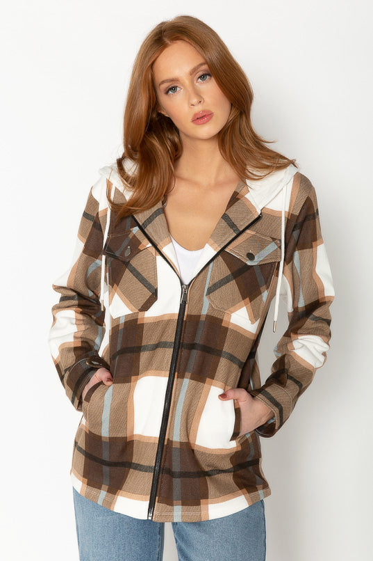 Plaid Fleece Zip-Front Hooded Shirt