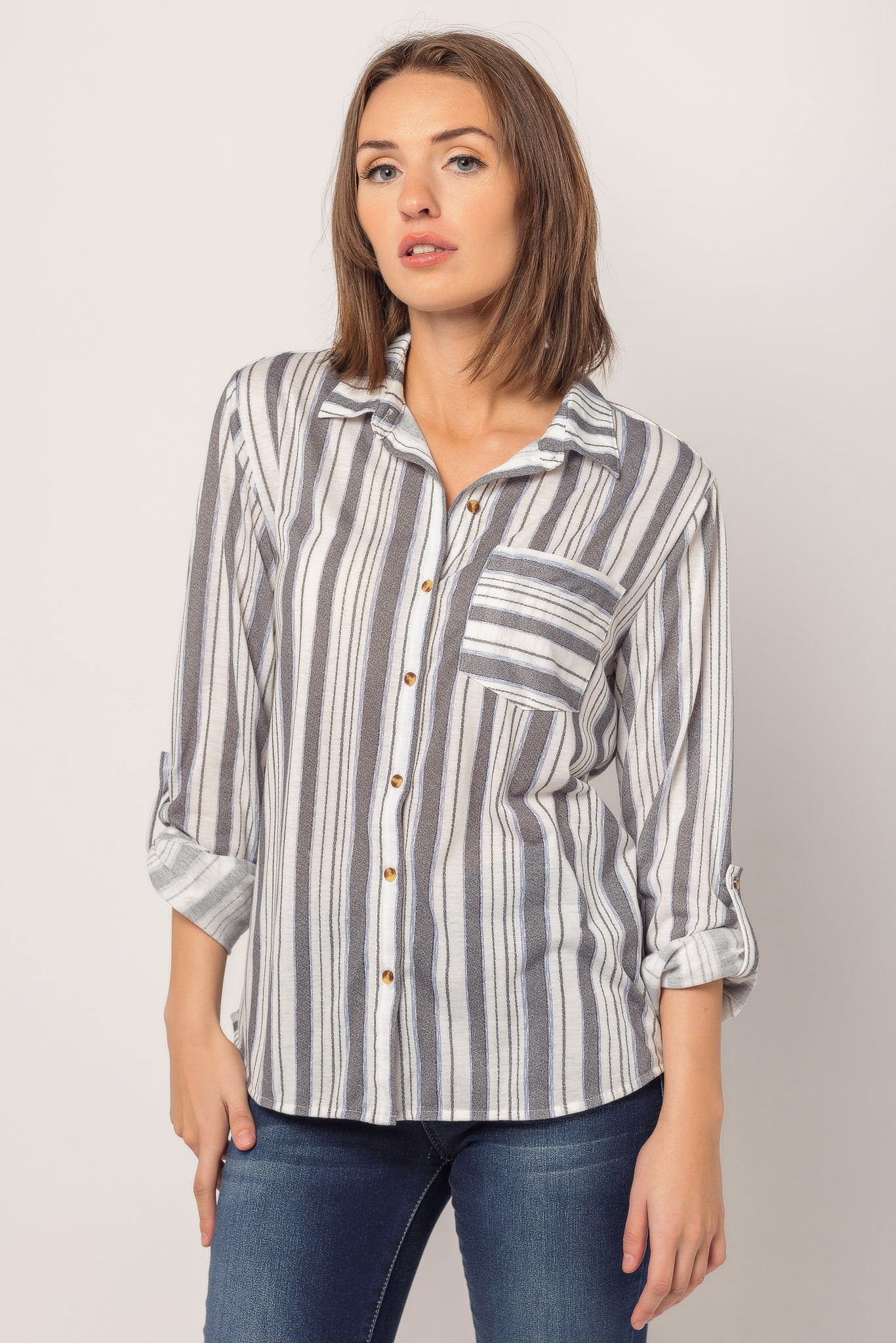 Stripe Knit One-Pocket Shirt with Roll-Up Sleeves