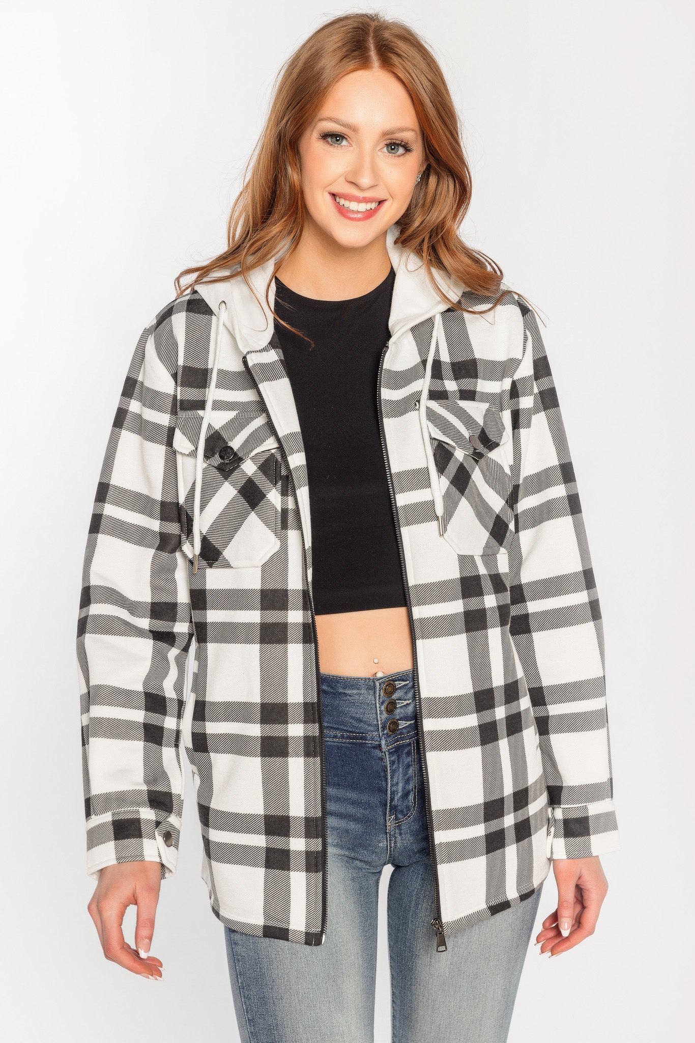 Plaid Fleece Zip-Up Hooded Shirt