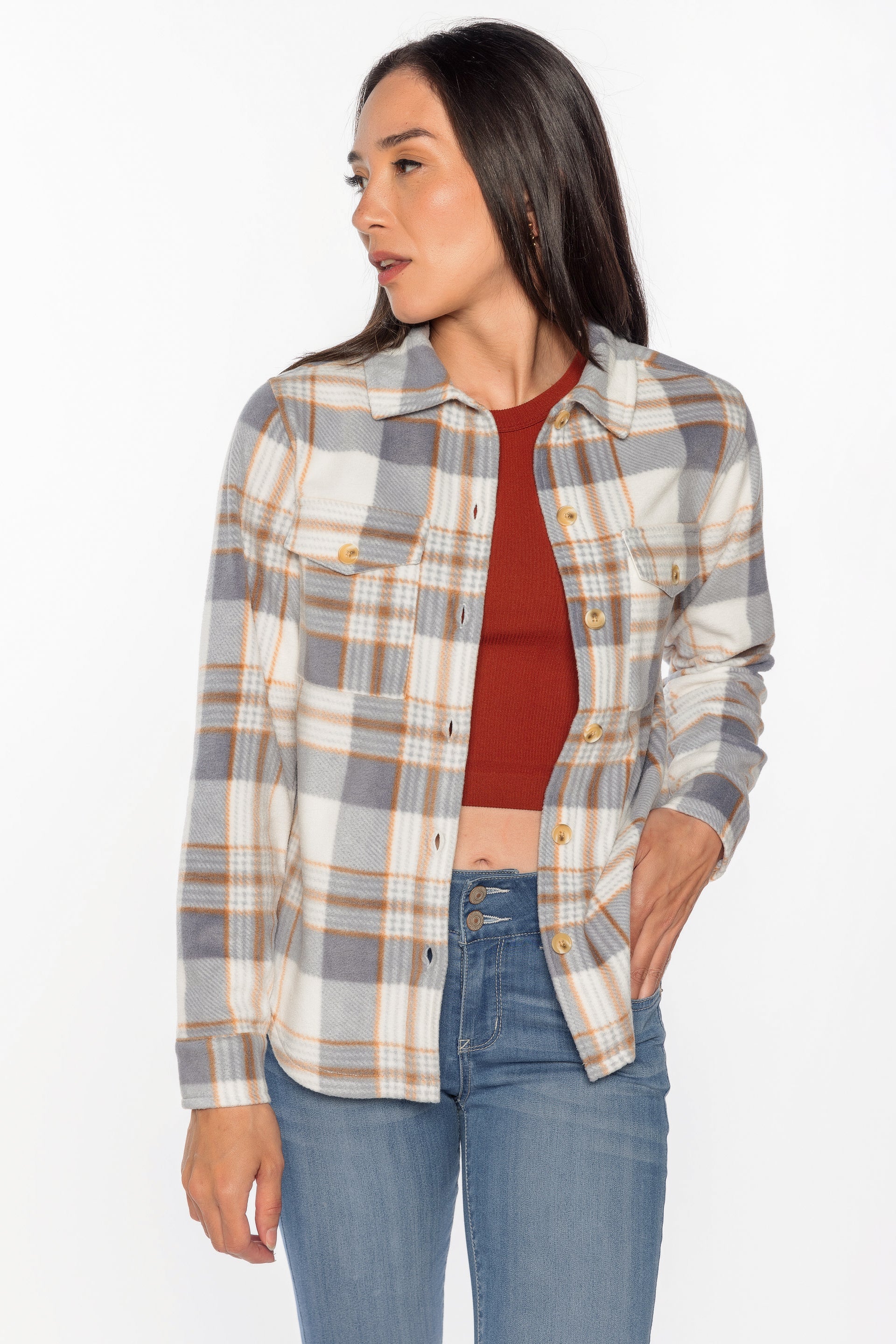 Wallflower Taylor Plaid Polar Fleece Shacket