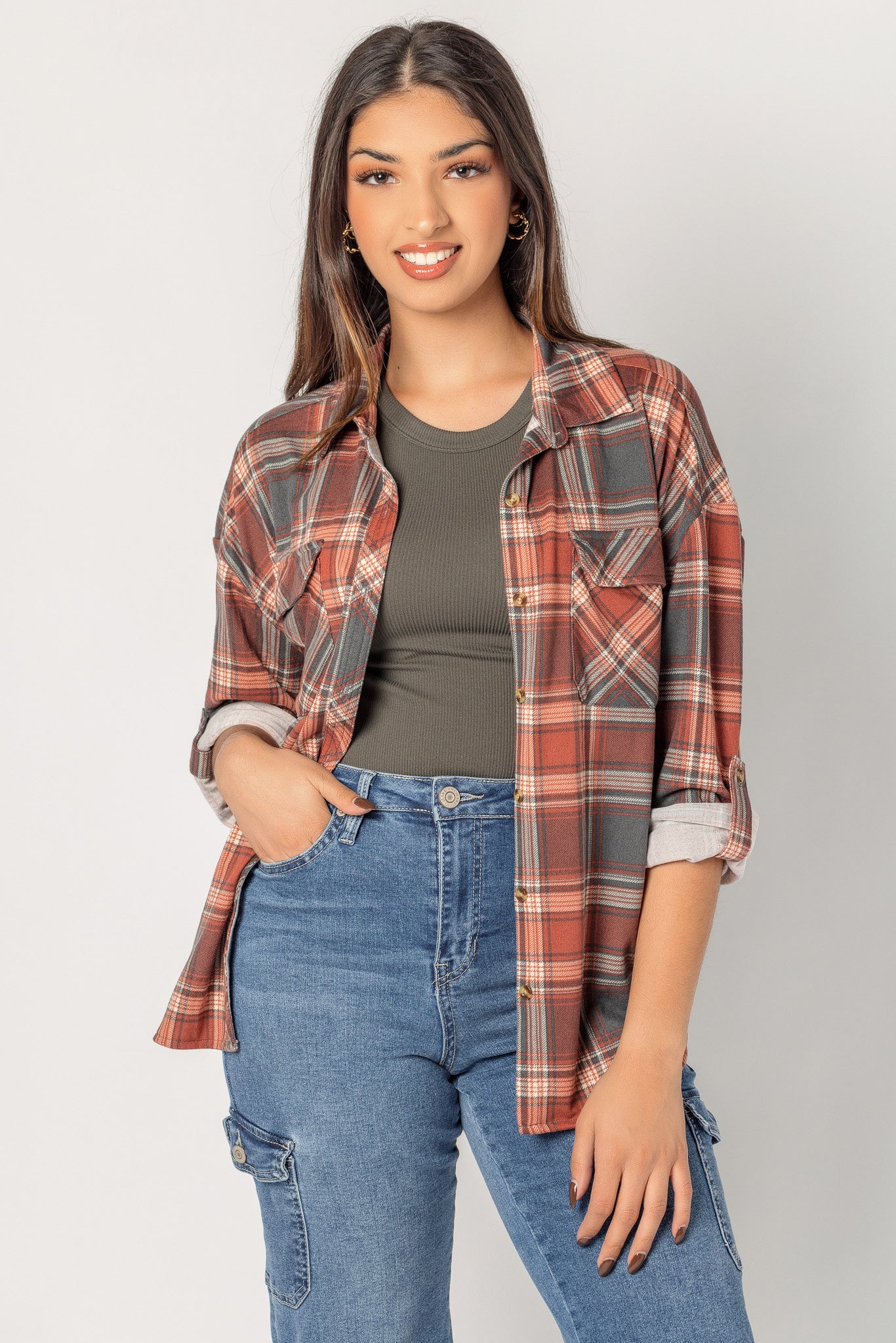 Cozy Plaid Knit Button-Up Shirt