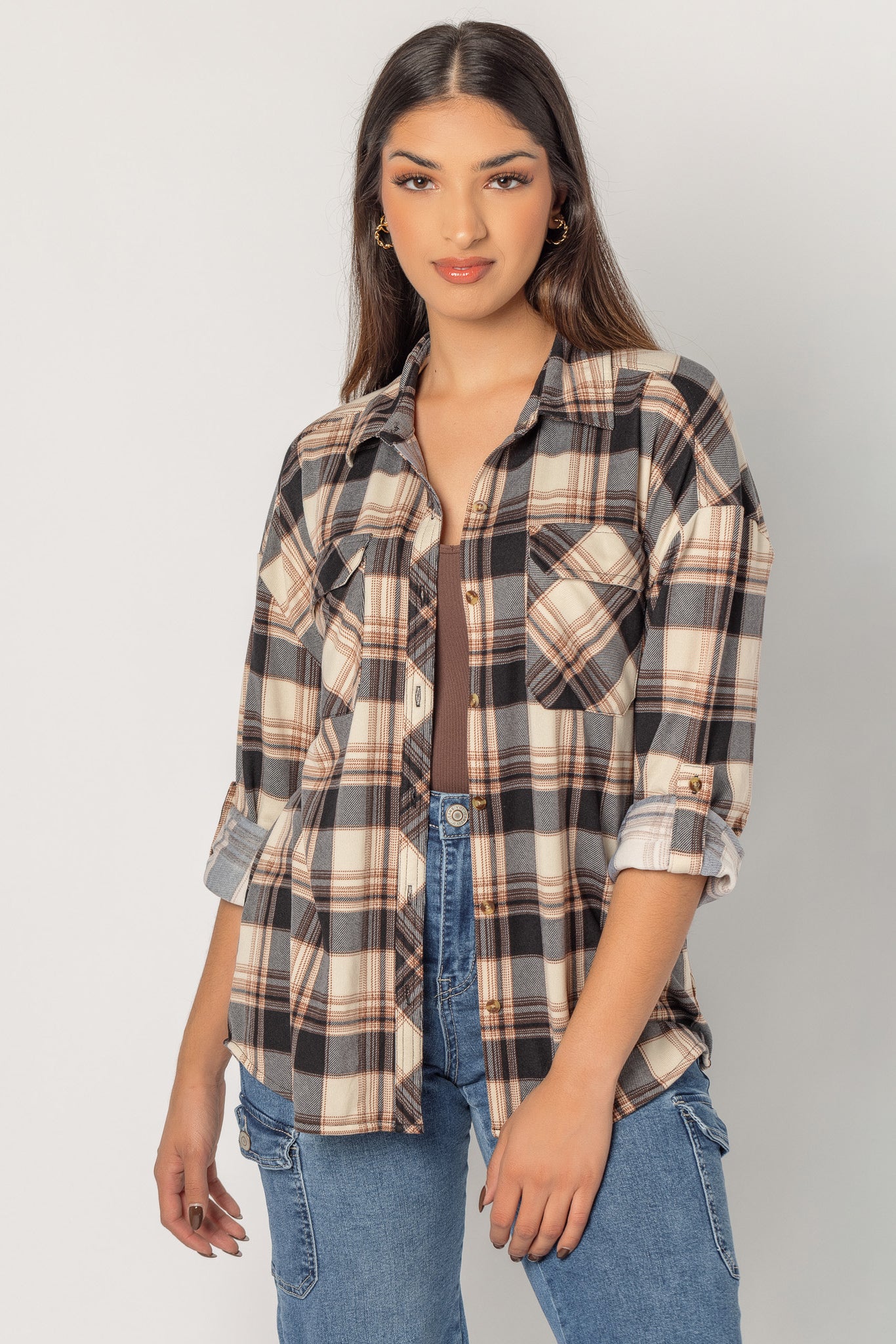 Chemise boutonnée à carreaux bleu et ivoire