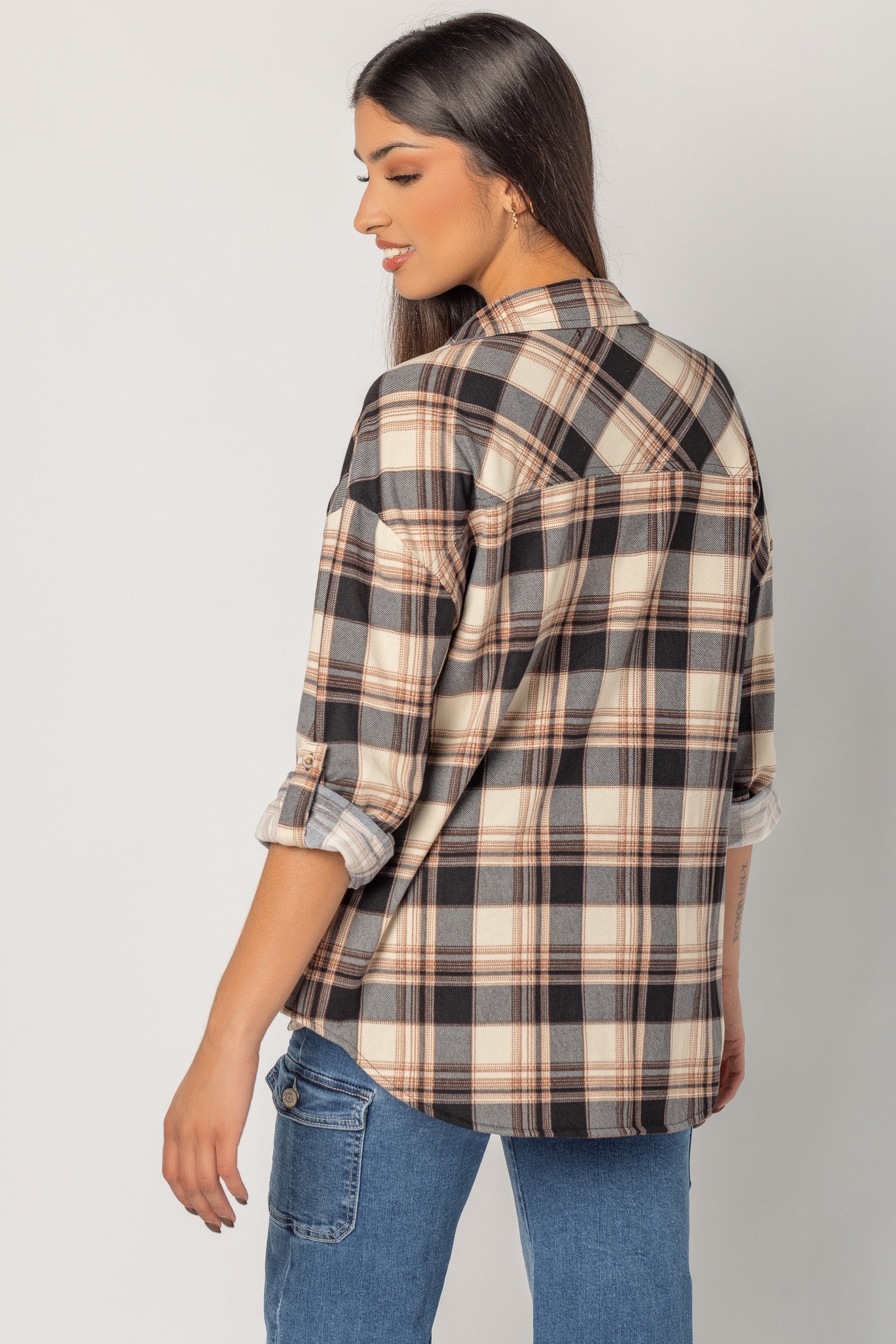Chemise boutonnée à carreaux bleu et ivoire