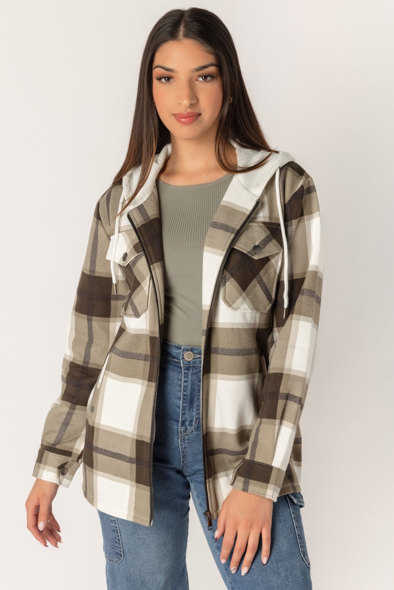 Plaid Fleece Zip-Up Shirt with Hood