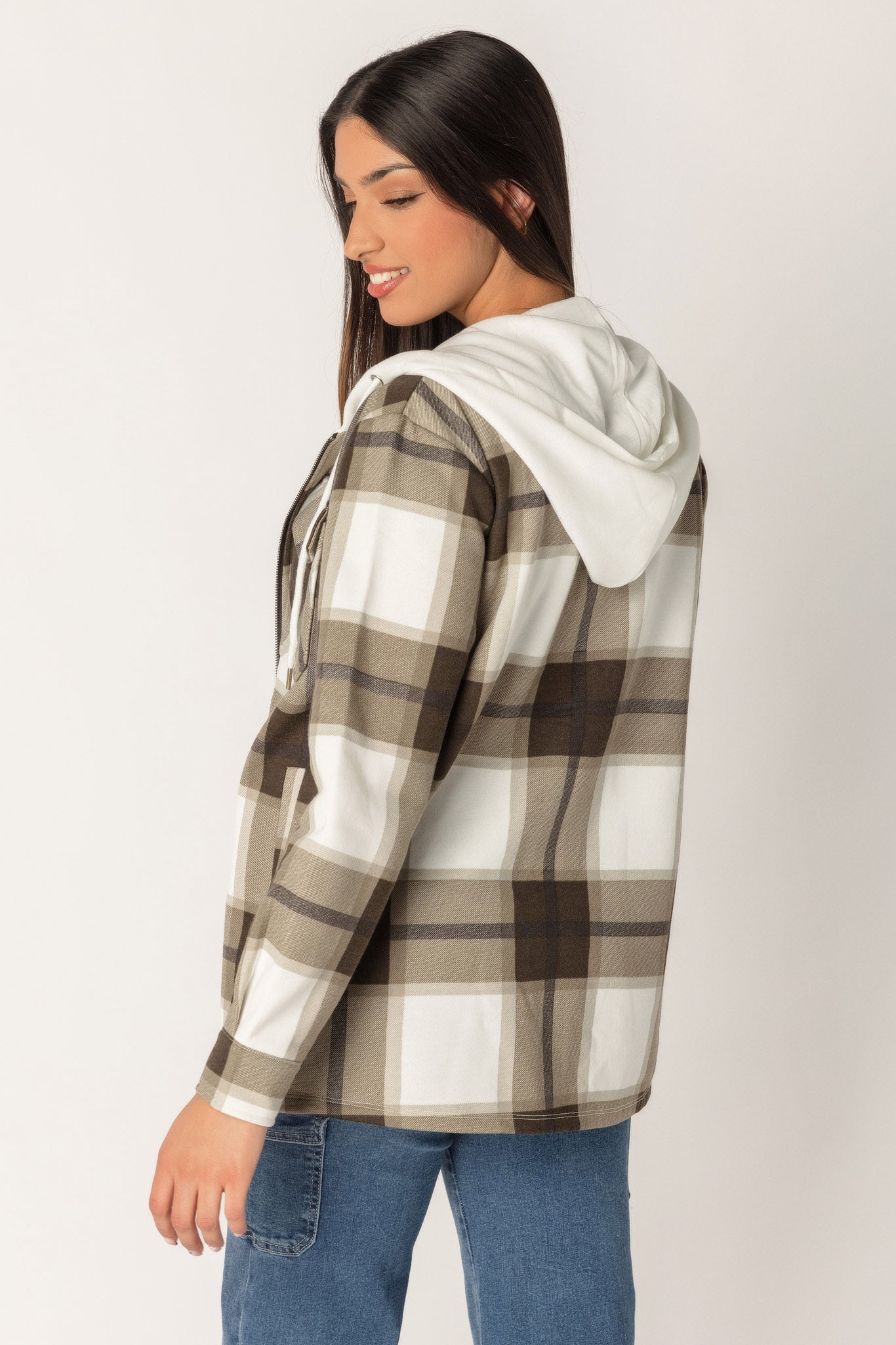 Plaid Fleece Zip-Up Shirt with Hood