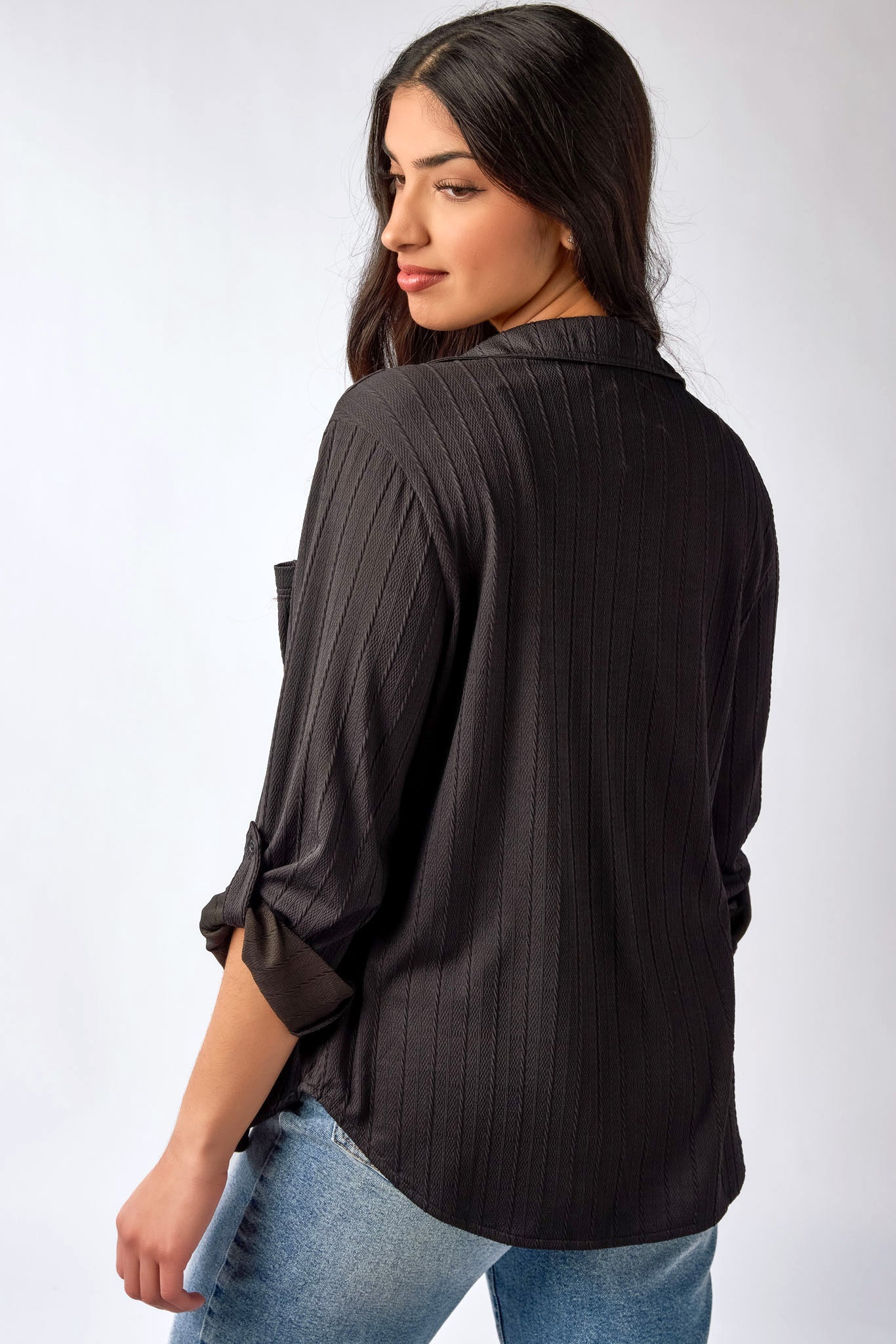 Chemise texturée décontractée à manches retroussées
